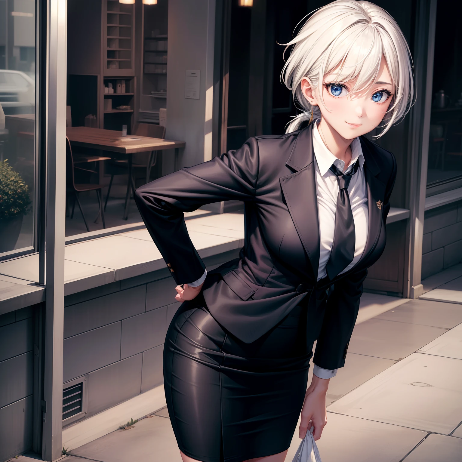 masterpiece, top-quality, Hi-Res, 1girl in, white hair, shorth hair, blue eyess, middlebreast, OL, neck tie, black suits, pencil skirts, put hands on the hip, plein air,(masterpiece、top-quality:1.2), cowboy shot, 独奏, 1girl in, shirase sakuya, A smile, Look at viewers, High Ponytail, student clothes, shirt with collar, neck tie, plaid skirts、shiny oily skin with high contrast,, huge long breasts, Big breasts emphasis、Naughty thighs、I'm embarrassed that my underwear can see through the gap in my beautiful girl uniform、H-cup、独奏、爆乳、is standing、(Wind、wind lift、Skirt lifted by the wind、Skirt rolled up by the wind、Skirt flutters:1.5)、(Fully exposed panties:1.5)、(white panties:1.7)、