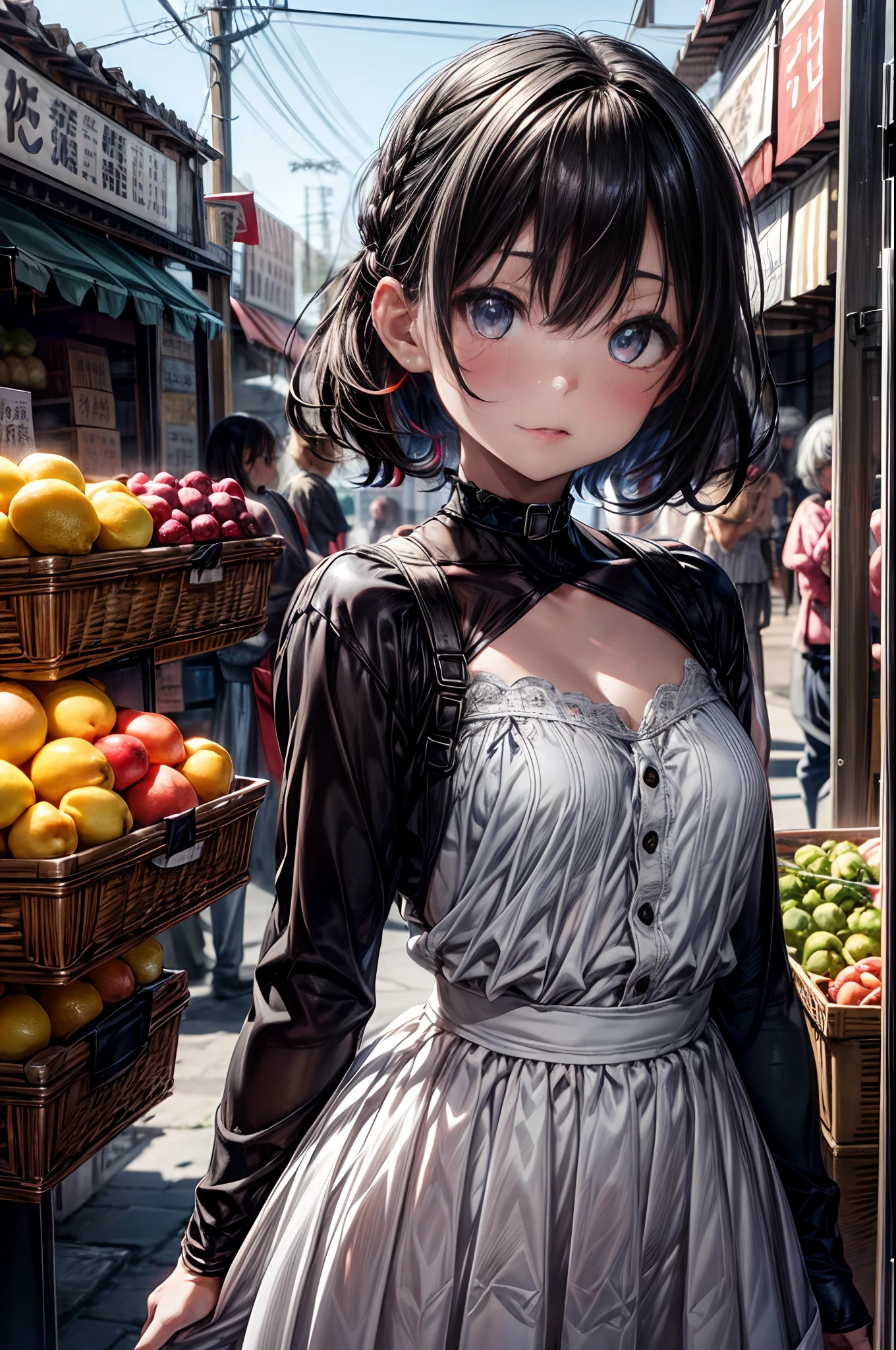 mash kyrielight, White hair, short hair, red eyes, girl, woman, female, little, child, 10 years old, medium hair, curly hair, bangs, eyes visible through hair, side braid, white and black hair, multicolored hair, red inner color, beautiful detailed Glass hair, delicate beautiful face, red pupils, fangs, small_breasts, pale blue eyes, white skin, choker, gloves, nice hands, perfect hands, camisole, holding fruit, lemon, grapefruit, parted lips, blush, skirt, earring, holding food, bang, in fruit market, more_details:-1, more_details:0, more_details:0.5, more_details:1, more_details:1.5