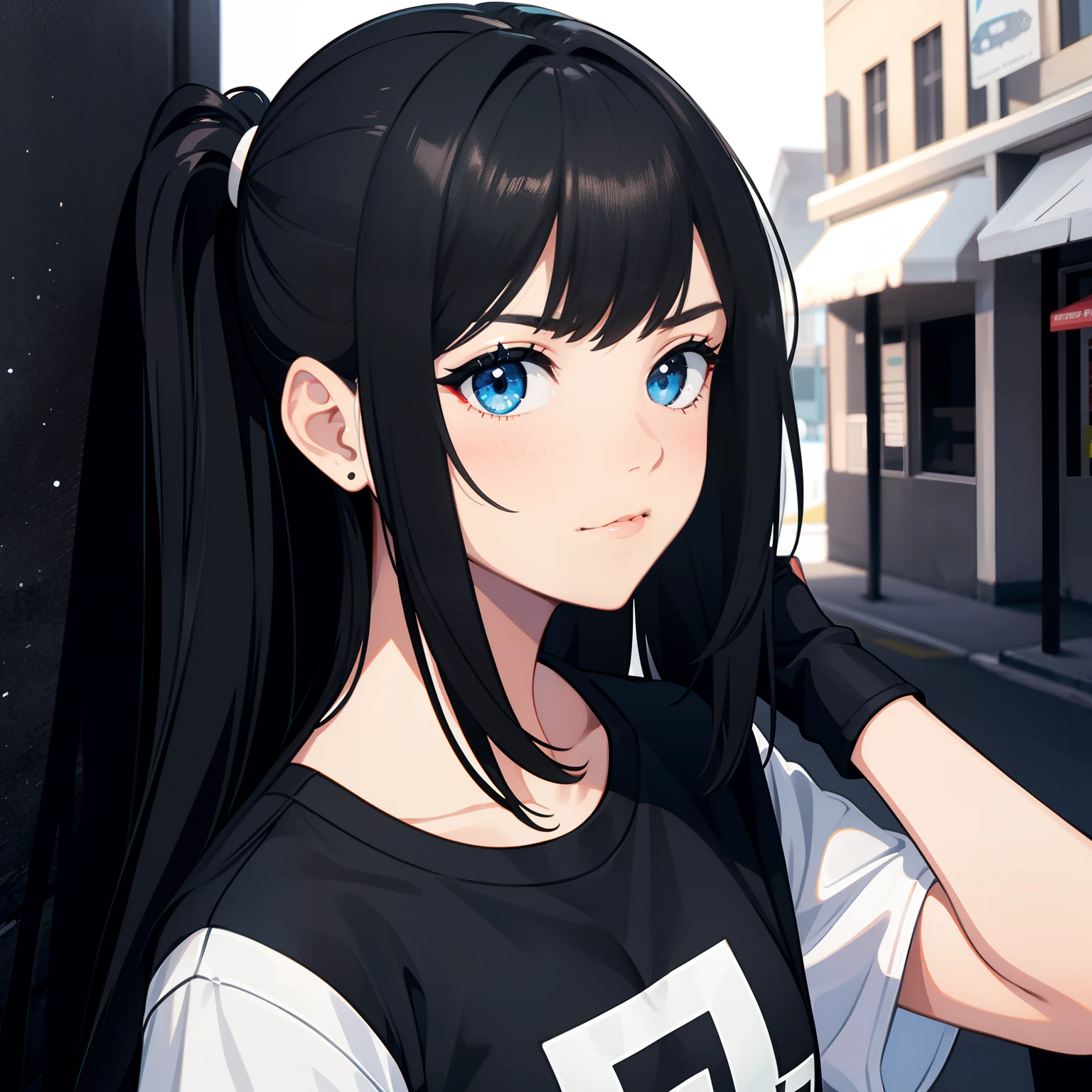 girl, side portrait, black and white,edgy accessories,sporty style, casual t-shirt, confident gaze, mo3nochrome color scheme, looking to the side, chic street fashion,head,Long Hair