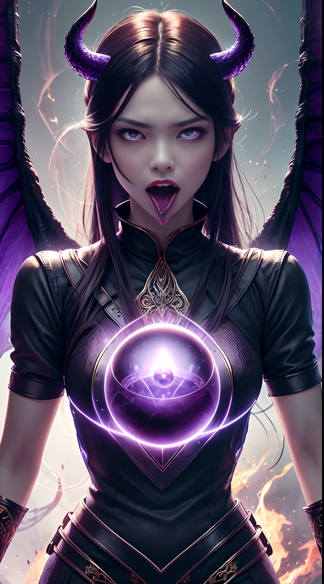 (Highly detailed 1.3) An evil woman with purple-black hair, Her mouth opened wide, A strong thirst for blood. Young Asian woman with fierce eyes, Dragon wings, Claws on fingertips, And the horns on her head, Wearing a medieval vertical collar dress.A detailed purple flame crystal ball，3Drenderingof