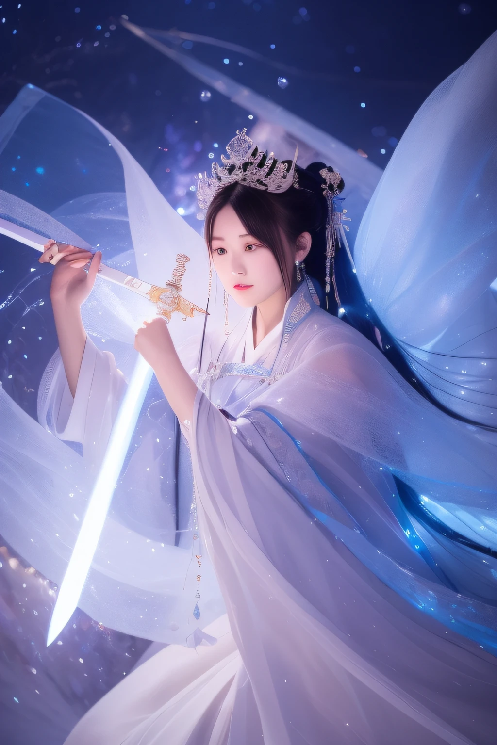 a sword with sparkling lights around it , in the style of yanjuncheng , ethereal , dreamlike quality , hyper - realistic , light white and light blue , dragoncore , emphasis on facial expression , realistic yet romantic