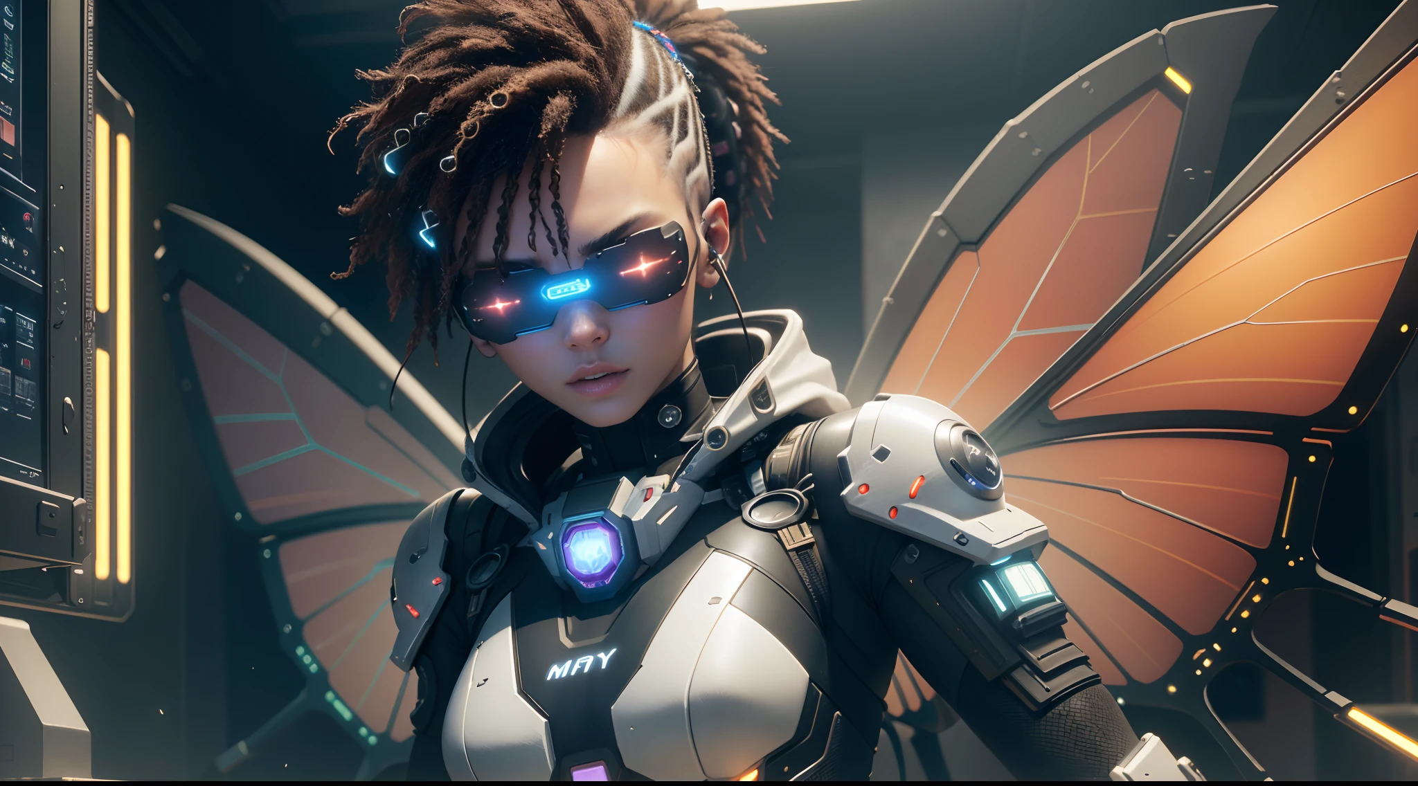 ((Best Quality)), ((Masterpiece)), (Very detailed:1.3), 3D, Beautiful (Cyberpunk:1.3) african fairy, mohican hairstyle, thick hair, butterfly wings, outside garden operating computer terminal in outside futuristic computer temple, head-mounted display, computer server, LCD screen, fiber optic cable, company logo, HDR (high dynamic range), ray tracing, nvidia RTX, super resolution, Unreal 5, subsurface scattering, PBR texture, post-processing, anisotropic filtering, depth of field, maximum sharpness and sharpness, Multi-layer textures, albedo and specular mapping, surface shading, accurate simulation of light-material interactions, perfect proportions, octane rendering, duotone lighting, low ISO, white balance, rule of thirds, wide aperture, 8K RAW, efficient sub-pixels, subpixel convolution, luminous particles, dynamic pose