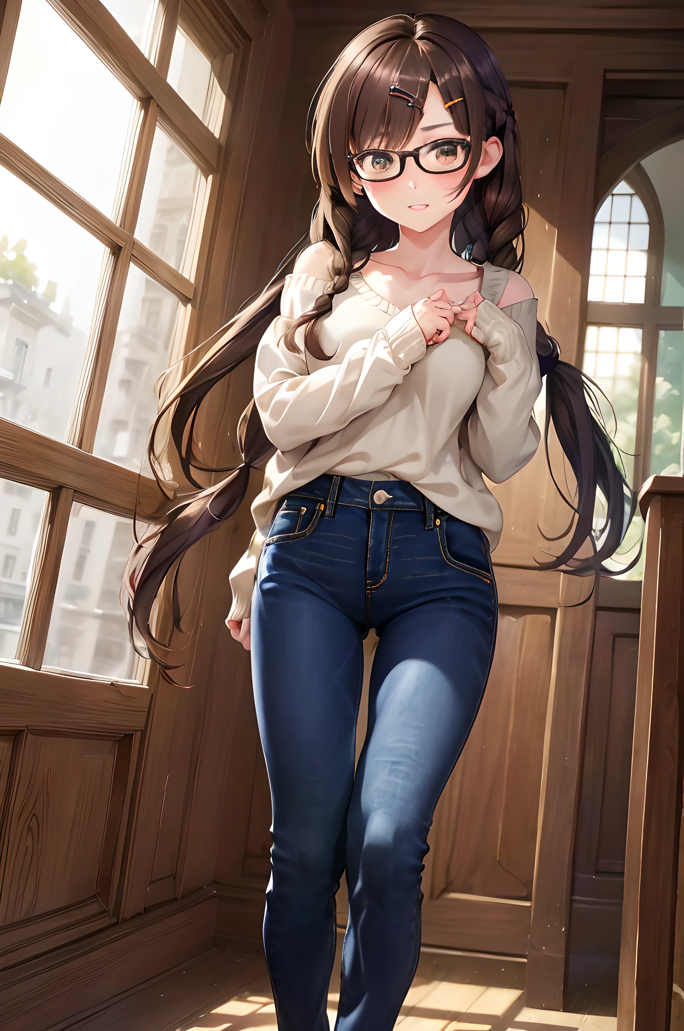 8k, raw camera, highres, detailed, masterpiece, portrait, photorealistic, hyperrealist, aesthetic, beautiful, best quality, highly detaile, best quality clothing, aesthetic clothings, professional angle, rule of thirds, Feminine, delicate, beautiful, 19 years, attractive Japanese, solo, 1 girl, (Chuzuru Ichinose Mizuhara), (In Library), (Full Body), ((From Front) Shallow Depth of Field), -, ((Worried)), (Waist Length Hair, Brown Hair), (Twin Braids Hair, Swept Bangs, TwinTails Hair), ((Glasses, HairClip, Collarbone)), (Light Brown  Eyes, Open Eyes, Uncomfortable  Gaze), (Light Flushed, Holding Book), (Standing, Mouth Closed Worried), -, -, (Medium Bust), ((Sweater, Pant Jeans)), (Long Sleeves , -), (-), beautiful body, beautiful eyes, shiny eyes, shiny hair, beautiful mouth, beautiful lips, beautiful skin, beautiful teeth, perfect teeth, beautiful face