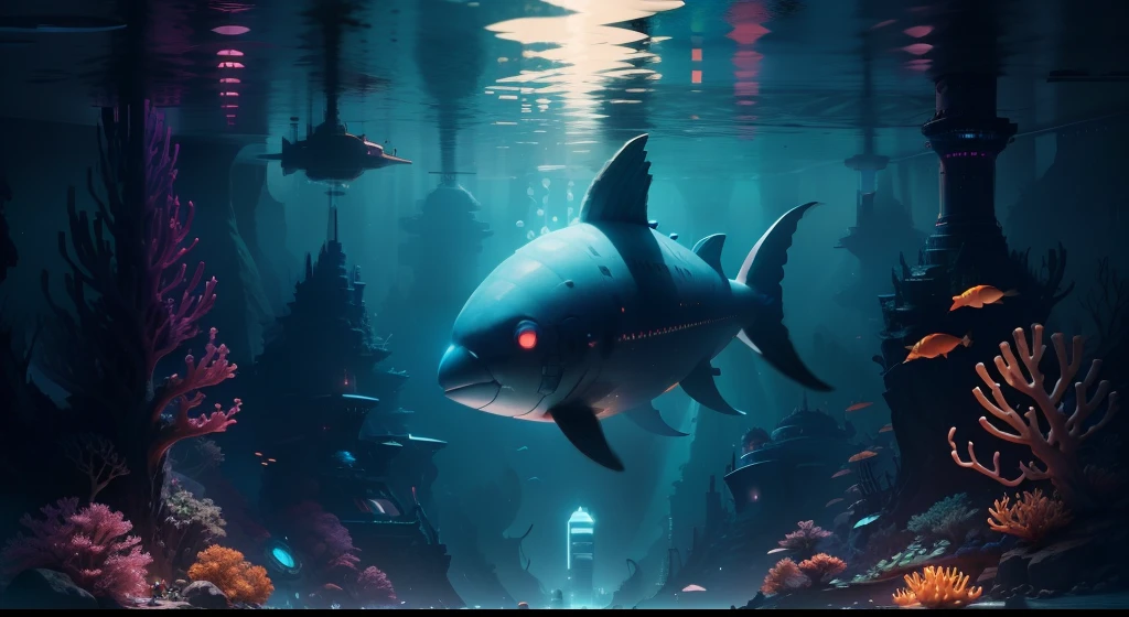 Undersea city,High-tech high-rise lights flash,The futuristic sci-fi city sinks to the bottom of the sea,abyssal,The lighting is layered,Dwarf coral,Schools of deep-sea fish,Bubbles under the sea,Colored coral