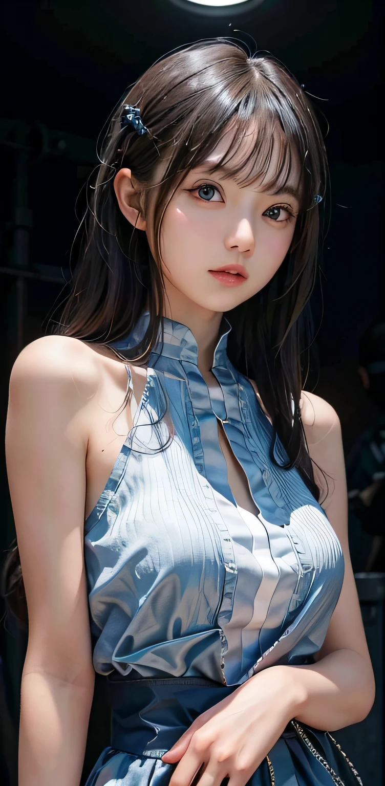 tmasterpiece, 1 beutiful girl, Detailed eyes, Swollen eyes, top Quority, 超A high resolution, (Realistis: 1.4), RAW photogr, 1girll, cinmatic lighting, jpn, full bodyesbian,a asian beauty, korean people, is very beautiful, Beautiful skins, slim, body facing the front, (Ultra photo realsisim), (A high resolution), (8 K), (The is very detailed), (Most Best Illustration), (Beautiful detailed eyes), (ultra-detailliert), 详细的脸, looking at viewert, Staring straight ahead, Neat clothes, 无袖,long whitr hair,silber hair,46 points oblique bangs,cyberpunk backgrouns,Neat and clean,