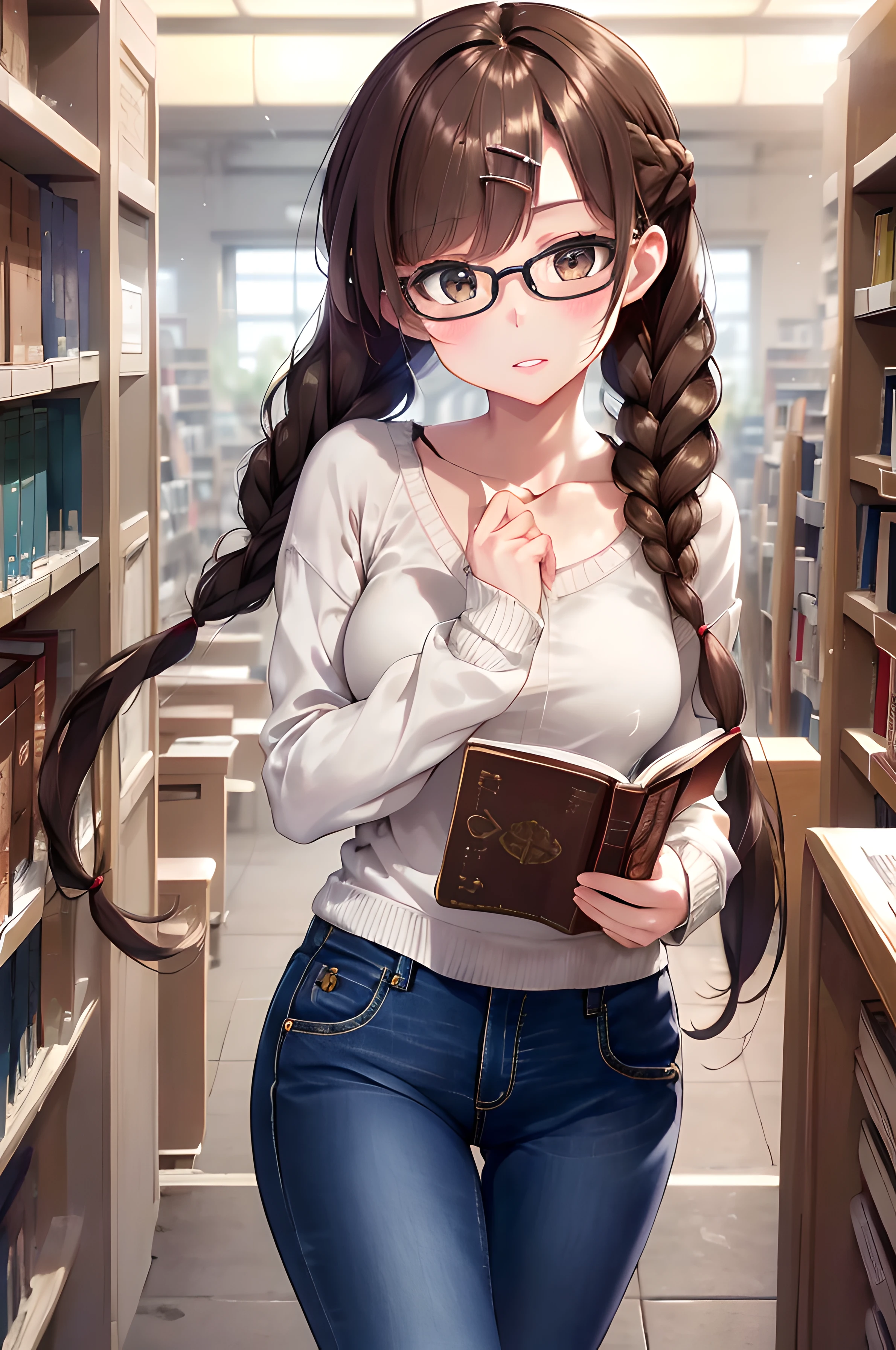 8k, raw camera, highres, detailed, masterpiece, portrait, photorealistic, hyperrealist, aesthetic, beautiful, best quality, highly detaile, best quality clothing, aesthetic clothings, professional angle, rule of thirds, Feminine, delicate, beautiful, 19 years, attractive Japanese, solo, 1 girl, (Chuzuru Ichinose Mizuhara), (In Library), (Full Body), ((From Front) Shallow Depth of Field), -, ((Worried)), (Waist Length Hair, Brown Hair), (Twin Braids Hair, Swept Bangs, TwinTails Hair), ((Glasses, HairClip, Collarbone)), (Light Brown  Eyes, Open Eyes, Uncomfortable  Gaze), (Light Flushed, Holding Book), (Standing, Mouth Closed Worried), -, -, (Medium Bust), ((Sweater, Pant Jeans)), (Long Sleeves , -), (-), beautiful body, beautiful eyes, shiny eyes, shiny hair, beautiful mouth, beautiful lips, beautiful skin, beautiful teeth, perfect teeth, beautiful face