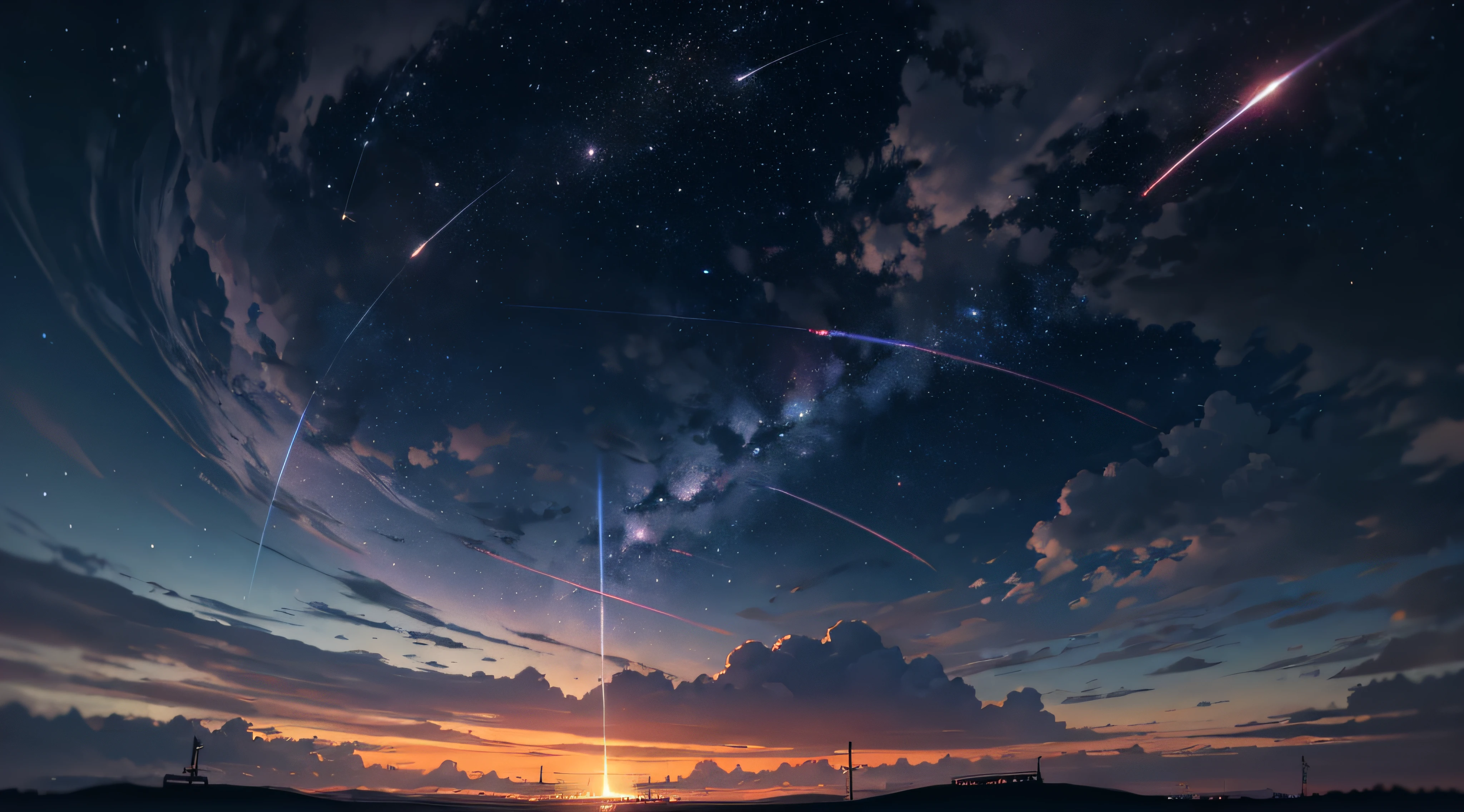 Expansive landscape photograph,(moon full:1.2),(meteors:0.9),(Starcloud:1.3),(Warm light source:1.2),(glowworm:1.2),lamp lights,Lots of purple and orange,Complicated details,Volumetriclighting,Realism BREAK(tmasterpiece:1.2),(best qualtiy),8K,Ultra-detailed,(dynamic compositions:1.4),The is very detailed,Colorful details,(Irridescent color:1.2),(luminouslighting,Atmospheric lighting),dream magical,magical,(独奏:1.2),((best qualtiy)), ((tmasterpiece)), (the detail:1.4),depth of fields,maximum definition and sharpness,perfectly proportions,Fluttering clouds,Wallpapers