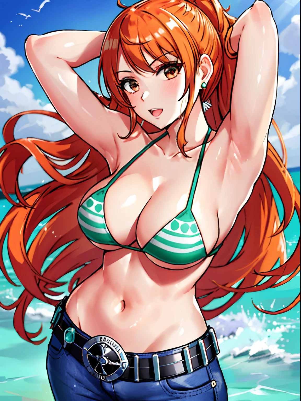 WALLPAPER, detailed background, (((armpits: 1.1, victory pose: 1.6, flexing muscles , very wide wavy ponytail, thick ponytail, very wide voluminous ponytail: 1.7, very wide high ponytail, long wide ponytail, defined high thick missy bangs with upward locks, (short right-side bang, very long left-side bangs))), masterpiece, 4k, epic, best quality, late youth, adult, 1girl, active, energic, (large mouth) , solo, nami \(one piece\), 1girl, bangle, (open mouth, serious, open eyes, perfect detailed face, round face) bold drawing lines, detailed bold arm lines, flat jaw, adult woman, wavy wide streaked bangs, floating bang, (big cheeks), bare shoulders, belt, bikini, bikini top only, bracelet, springy breasts, breast lines, big round eyes, very big brown shiny eyes, high eye position, cleavage, denim, earrings, floating hair, shiny hair, green belt, green bikini, bold groin lines, jeans, jewelry, large breasts, log pose, very wide long hair, looking at viewer, big navel, wet hair, orange hair, pants, shoulder tattoo, sidelocks, solo, standing, stomach, swimsuit, tattoo, looking at viewer, open mouth, detailed left arm, big forehead, hourglass figure, small head, toned body, wide hair, wind effect, narrow small ears angle, older