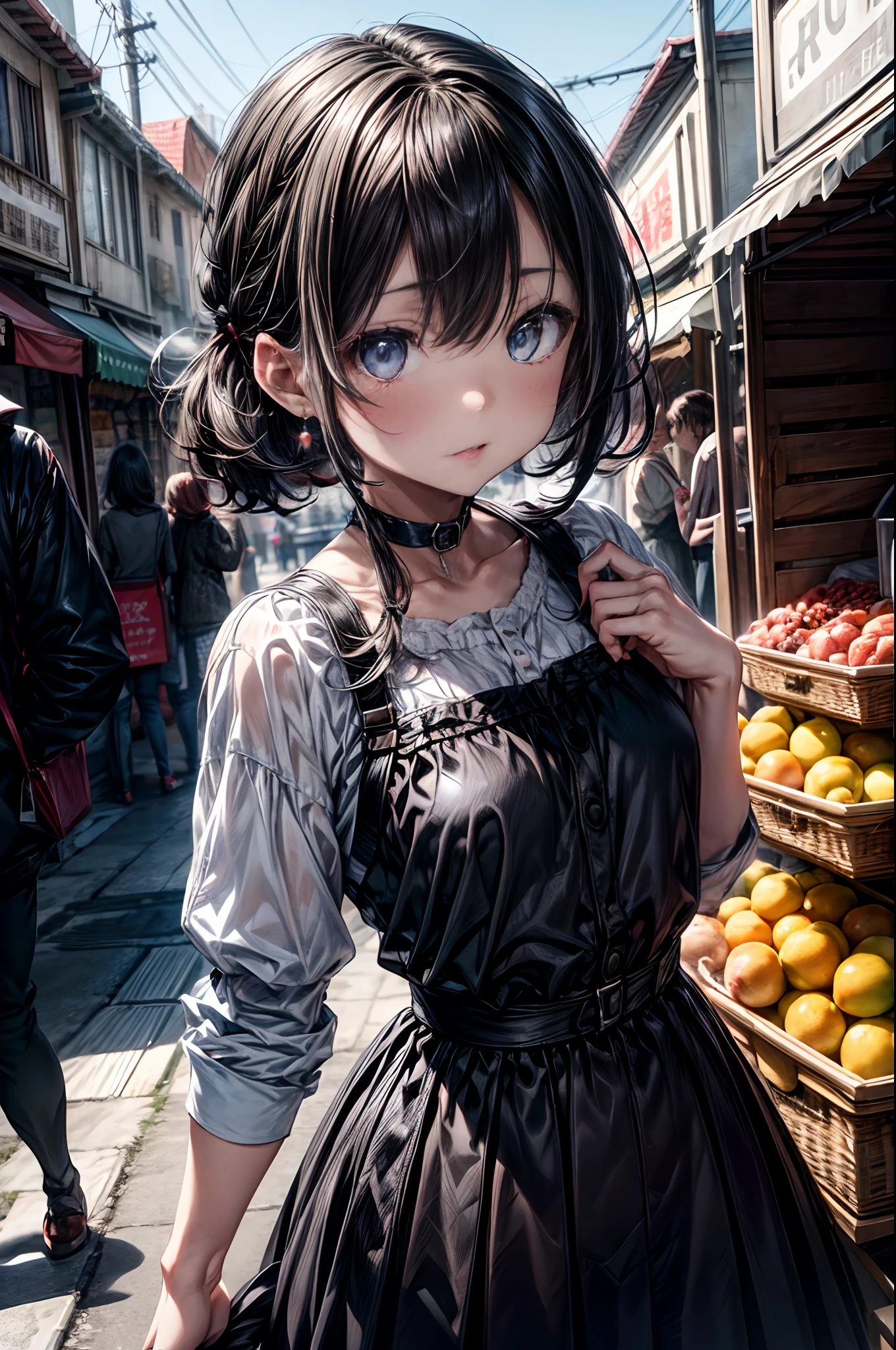 mash kyrielight, White hair, short hair, red eyes, girl, woman, female, little, child, 10 years old, medium hair, curly hair, bangs, eyes visible through hair, side braid, white and black hair, multicolored hair, red  inner color, beautiful detailed Glass hair, delicate beautiful face, red pupils, fangs, small_breasts, pale blue eyes, white skin, choker, gloves, nice hands, perfect hands, camisole, holding fruit, lemon, grapefruit, parted lips, blush, skirt, earring, holding food, bang, in fruit market, more_details:-1, more_details:0, more_details:0.5, more_details:1, more_details:1.5