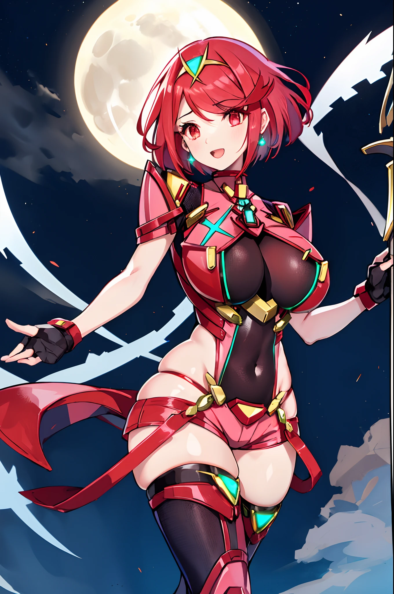 pyra \(xenoblade\), _1girl, armor, bangs, black gloves, breasts, red eyes, closed mouth, earrings, eyelashes, fingerless gloves, floating hair, framed breasts, gem, gloves, hair ornament, headpiece, jewelry, big_breasts, leaning back, leotard, neon trim, official art, pose, red hair, red shorts, saitou masatsugu, short hair, short shorts, short sleeves, shorts, sidelocks, skin tight, solo, standing, swept bangs, thighhighs, tiara, night_prairie_background, turtleneck, underbust, vambraces, xenoblade chronicles \(series\), (xenoblade chronicles 2), apart_legs, fire_effect,dynamic_pose_fighting,light_smile, (plump:1.1), big_ass,huge_sword, hold_large_sword_hilt, solo, covered_nipples, covered_pussy,open_mouth,