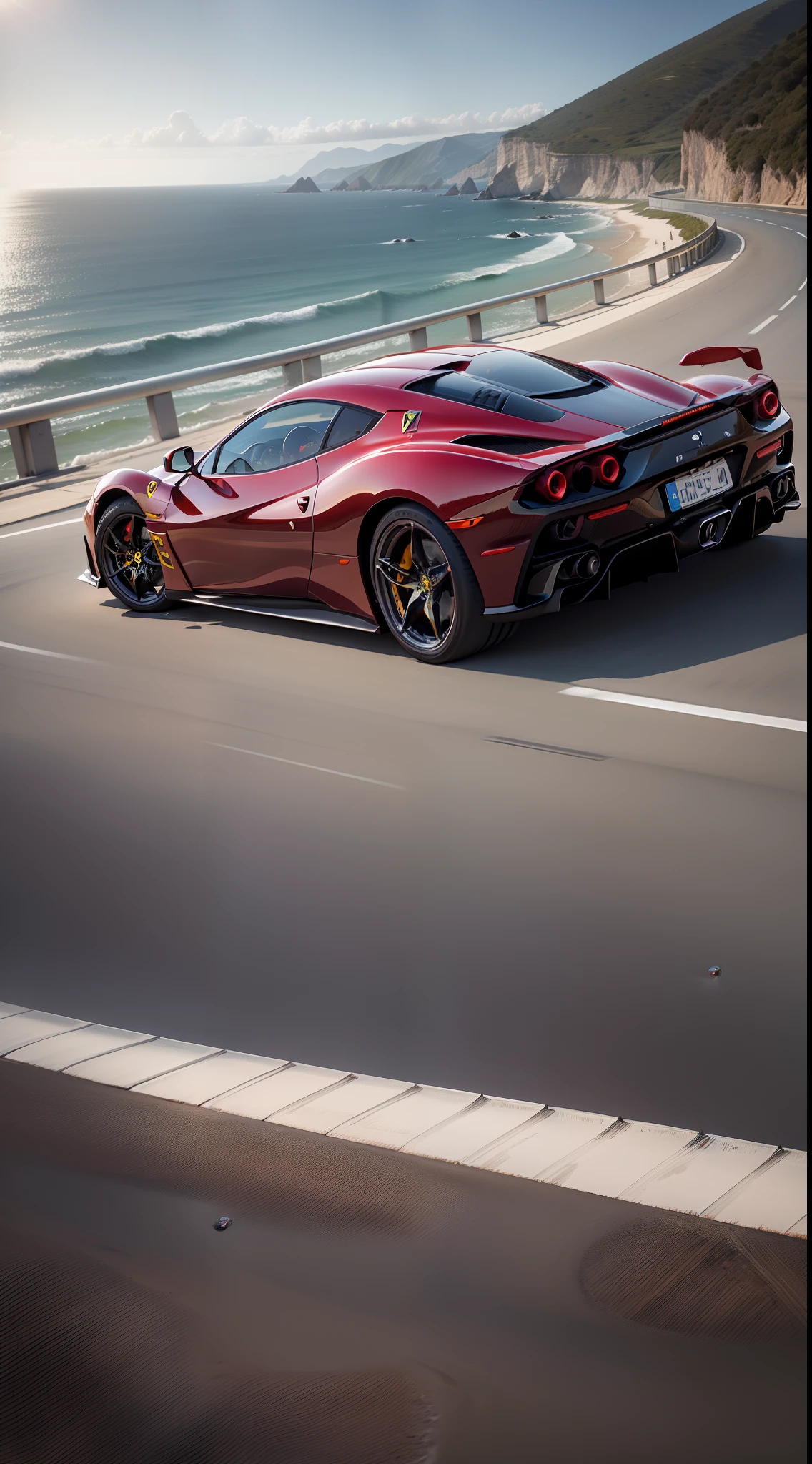 "Sleek and powerful Ferrari car gliding through a scenic coastal road with stunning ocean views."