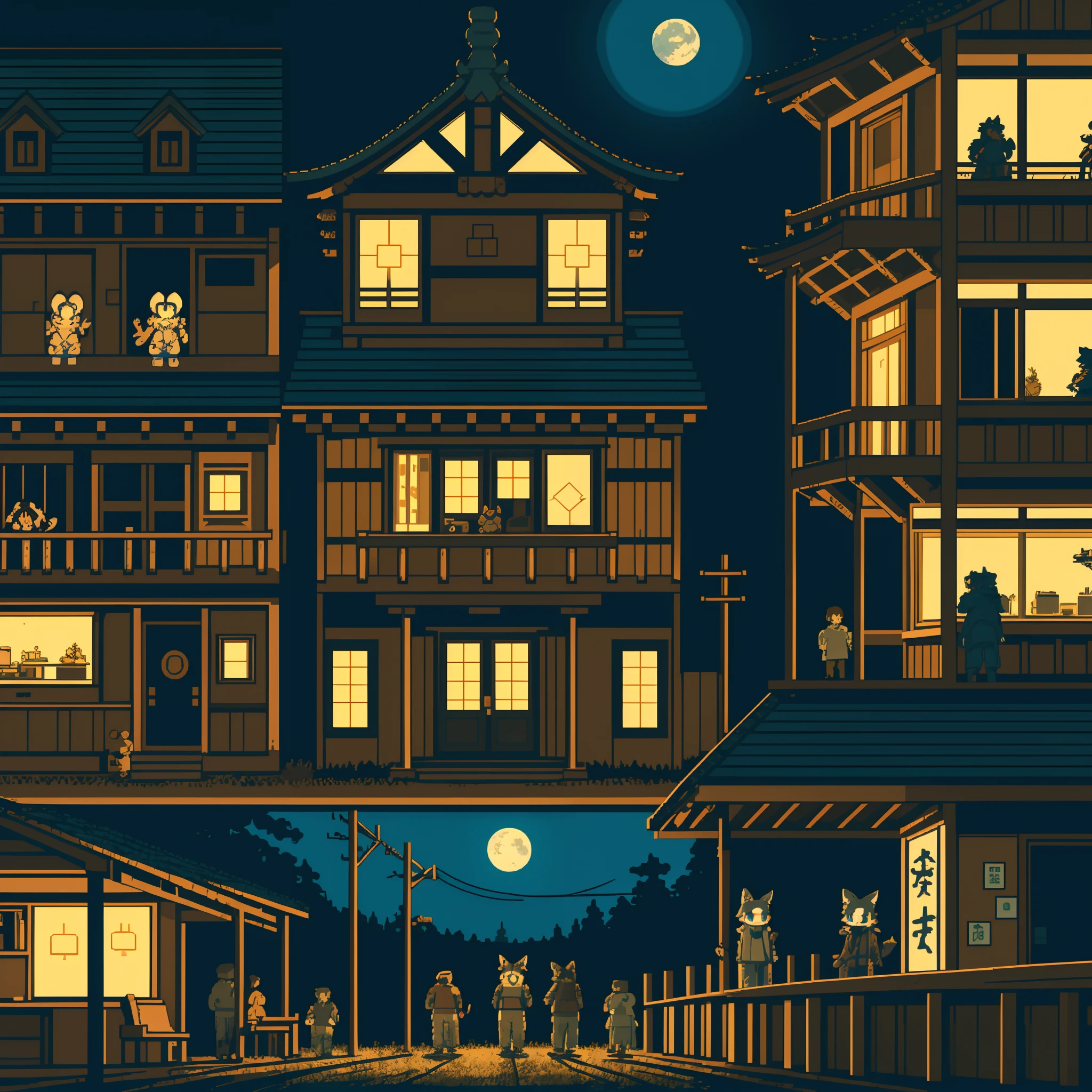 highres, absurdres(highly detailed beautiful face and eyes)perfect anatomy, detailed background, User Interface of fps game, night, japanese house, deteriorated furniture, windows, moonlight, 6+boys, 6+girls, expression, good lighting, cinematic shadow(kemono, furry anthro)assorted poses,