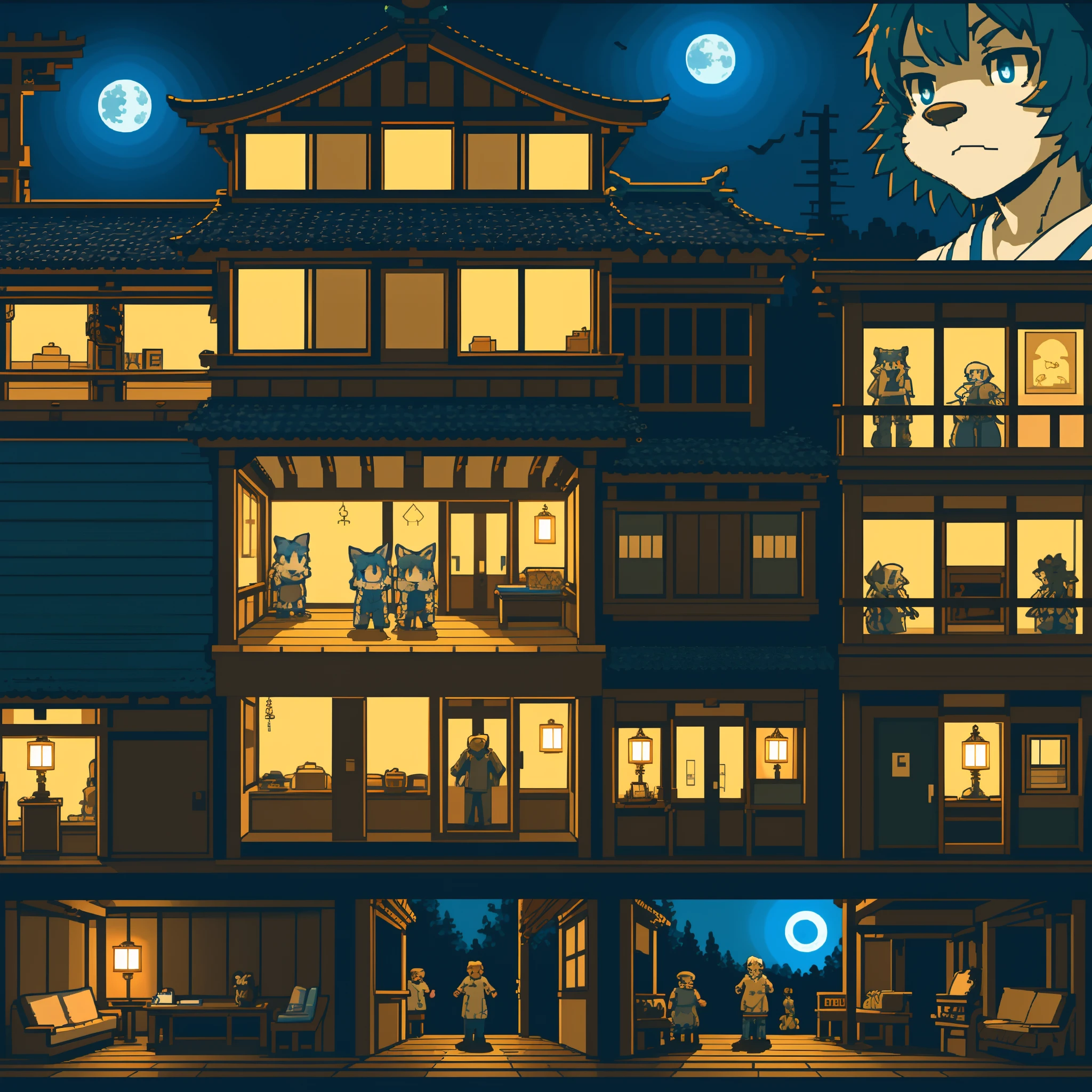 highres, absurdres(highly detailed beautiful face and eyes)perfect anatomy, detailed background, User Interface of fps game, night, japanese house, deteriorated furniture, windows, moonlight, 6+boys, 6+girls, expression, good lighting, cinematic shadow(kemono, furry anthro)assorted poses,