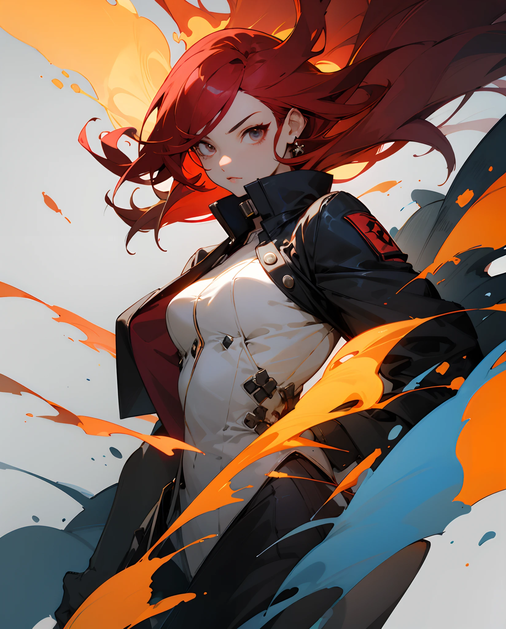 Fiery red hair、Illustration style、HD fine、a cool、cool lady、strong con