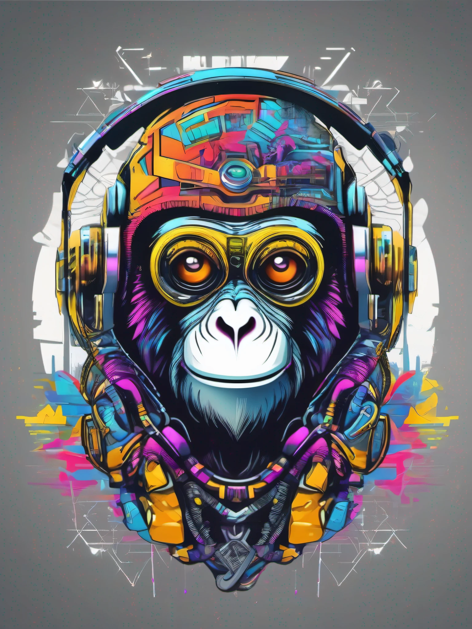 A futuristic monkey figure, with lights in eyes, surrounded by vibraprint ready vector t-shirt design, cyberpunk monkey illustration, side view, sticker, clean white background, professional vector, high detail, t-shirt design, graffiti, vibrant nt futuristic cityscape.
