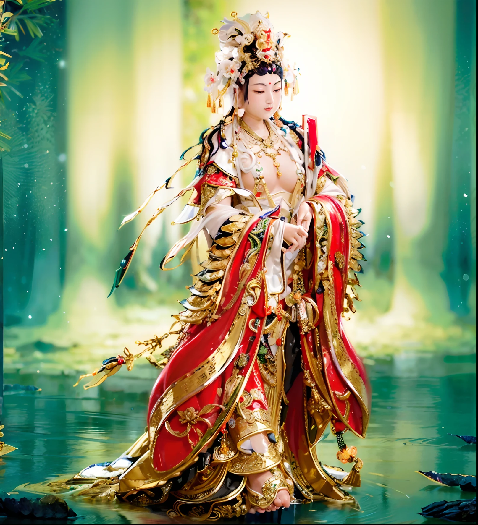 Queen Mother of the West, queen mother，Queen Mother of the West， Middle-aged woman，big breasts beautiful，Gorgeous and colorful costumes，Golden ornaments on the head，Not far away, Chinese palaces scattered in a sea of clouds， Cloud in the foreground, Clear fingers, Clear and distinctive toes, Clear and vivid facial features,jewelry, leafs, the lilies, Lily_pads, necklace, Phoenix crown，Gorgeous phoenix robe，Chinese palaces, paths, lotuses， Sharp focus, sun's rays, Sparkling ripples, Wind ripples, hyper-high detail, Realphotos, Intricate details, Perfectcomposition, beautiful detailed intricate, 8 K photography, Photorealistic, Masterpiece, photo-realistic, Image Enhancement,Image post-processing,Image retouching，an ancient Chinese goddess, Princesa chinesa antiga, ancient china art style, ancient chinese beauti, chinese empress, Inspired by Qiu Ying, Traditional Chinese art, a beautiful fantasy empress, guanyin of the southern seas, Inspired by Lan Ying, Chinese traditional, Wearing ancient Chinese clothes, Chinese mythology, Traditional Chinese clothing，