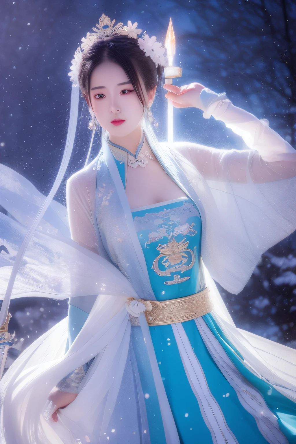 a sword，Sparkling all around , In the style of Yanjuncheng , Ethereal , dreamlike quality , hyper - realistic , light white and light blue , dragoncore , Emphasize facial expressions , realistic yet romantic