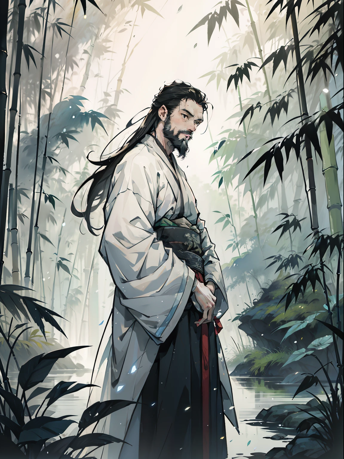 Deep in the bamboo forest, Chinese Ancient Times,raining day, A middle-aged male, 50yearsold, With a beard,emaciated,dressed white hanfu, Standing in a bamboo forest, A hand touched his beard,Place one hand behind your back,look up to,Quiet, Cinematic lighting, in a panoramic view, Masterpiece, ccurate, Super detail, Award-Awarded, Best quality