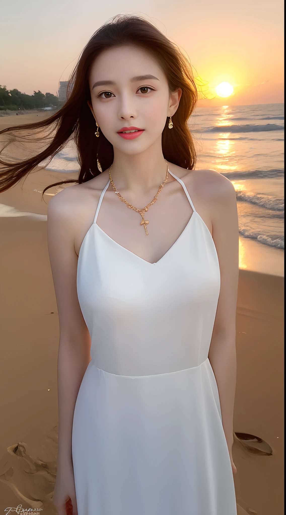 The beautiful face of this beauty,Sharply defined,Delicate facial features,Bright eyes,The slender eyebrows curved upwards,The bridge of the nose is erected,The lips are red and the teeth are white,The appearance is outstanding。Her hair is long and smooth,Black and shiny as silk,Falls to the waist,It exudes a faint fragrance。She is tall and well-proportioned,Curvy,The slender legs and slim waist exude an alluring beauty,Wear a dress of random colors,The temperament is elegant and noble,Gentle manners,People are involuntarily attracted to her,Confident and gentle smile,Let people feel the beauty and warmth in her heart, A high resolution:1.3), Super fine face and eyes,Wearing necklaces and earrings,Hit in a random pose,at the sunset,The golden sand on the beach and the colorful sky mingle,A beautiful view reflected in the sea,strong rimlight, middlebreast:1.3,Anatomically normal,Glow particle effect,