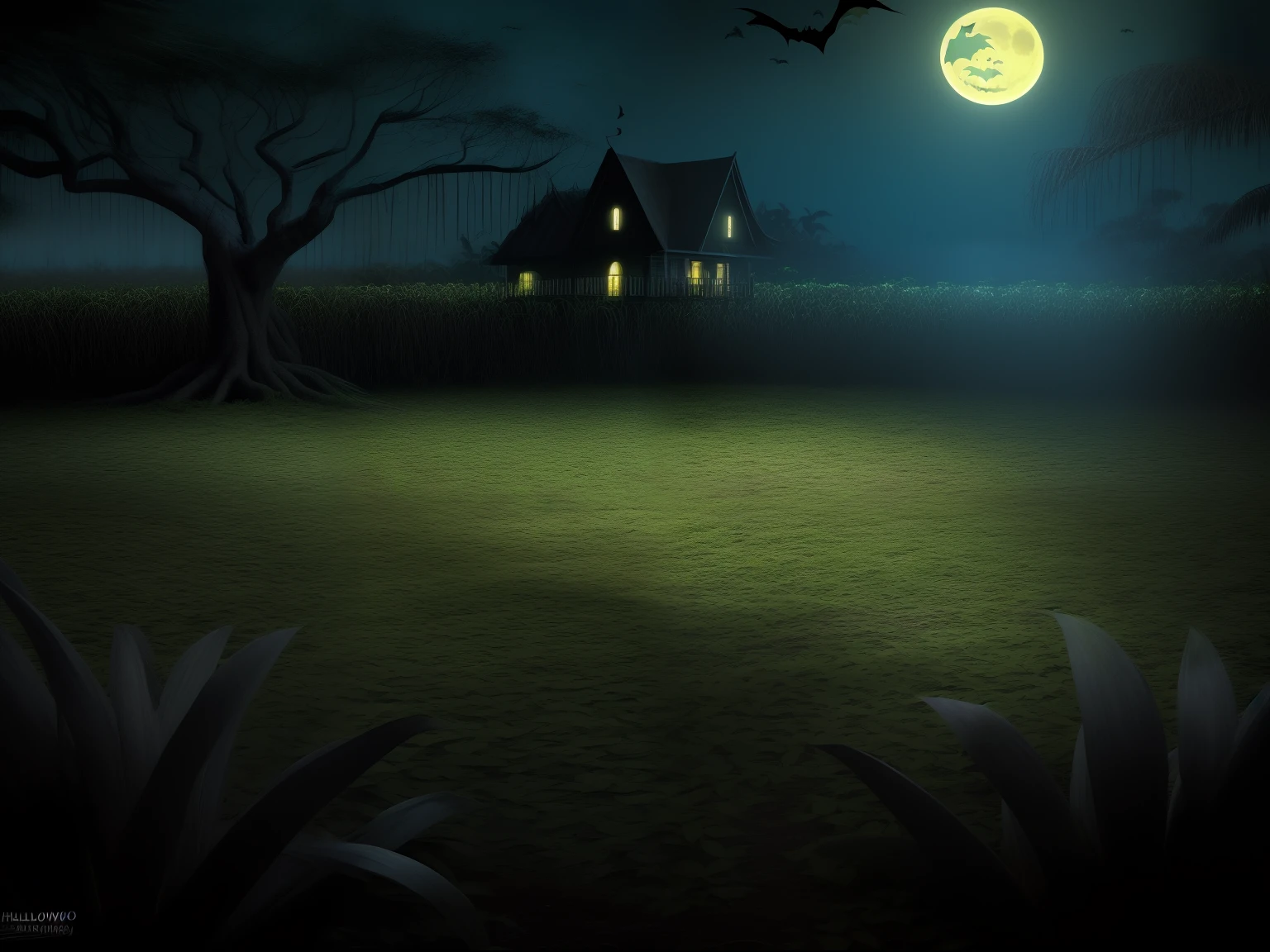 Espantalho, plantation, noite, lua cheia, sombrio, marsh, halloween