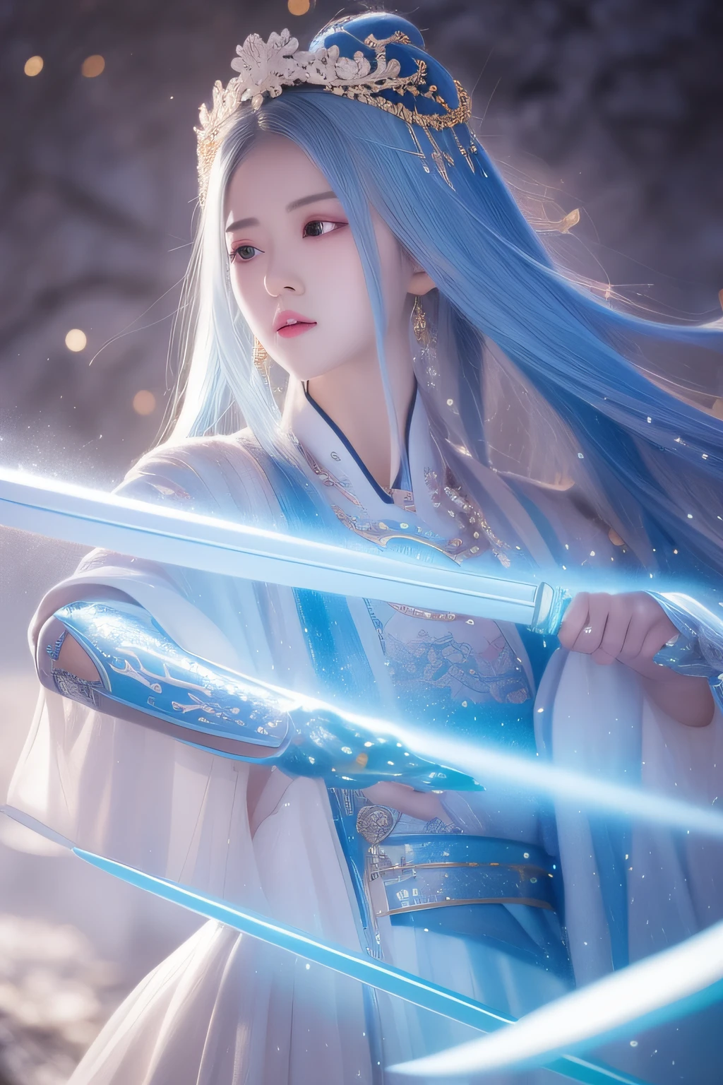 a sword,Sparkling all around , In the style of Yanjuncheng , Ethereal , dreamlike quality , hyper - realistic , light white and light blue , dragoncore , Emphasize facial expressions , realistic yet romantic