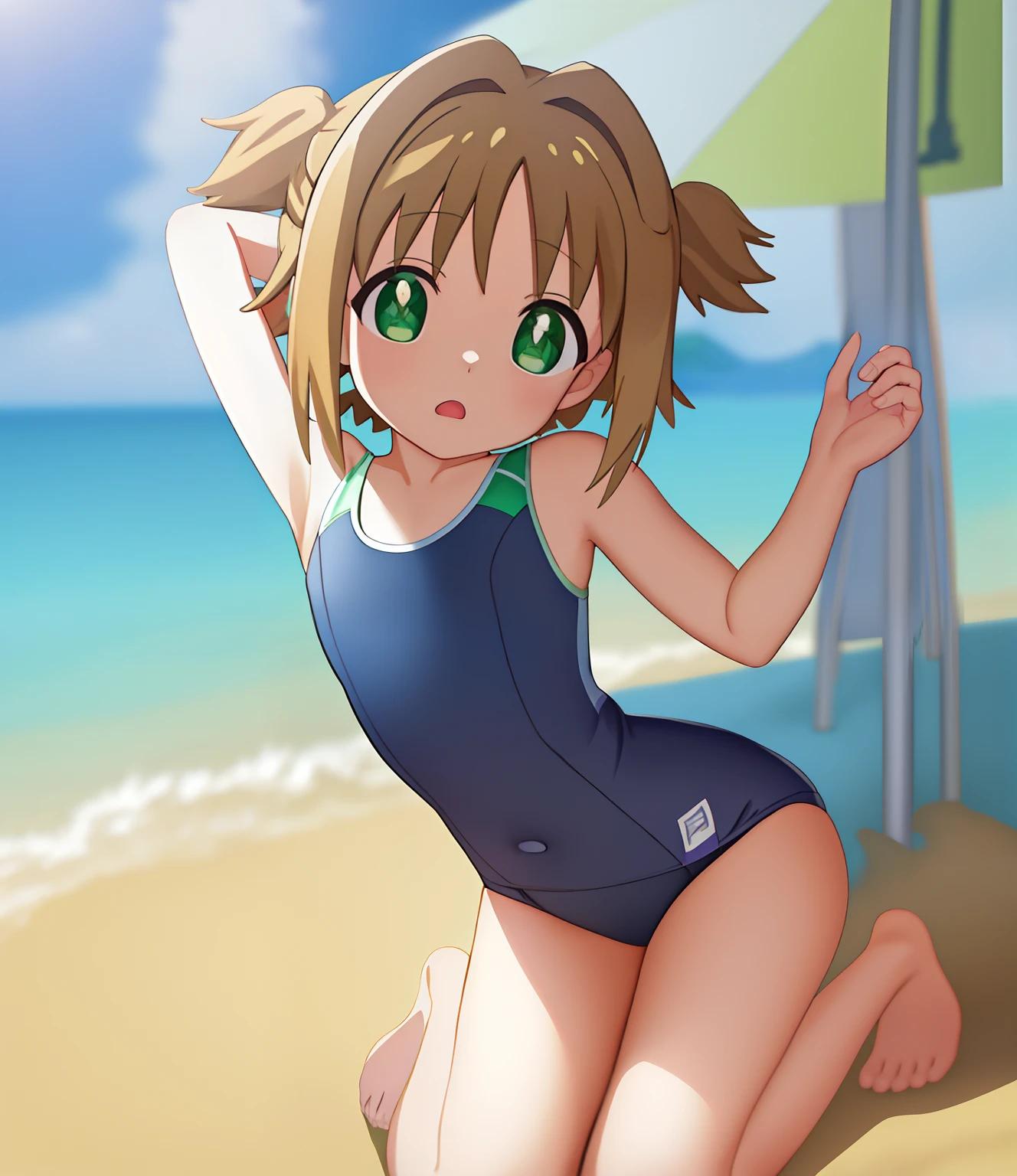 masterpiece,best quality,official art,extremely detailed CG unity 8k wallpaper, incredibly_absurdres, , short hair, brown hair, small breasts, bare legs, no legwear, green eyes, best quality, masterpiece, absurdres, highres, wallpaper, blue with green swimsuit, in summer, on the beach, Ōka Asahi