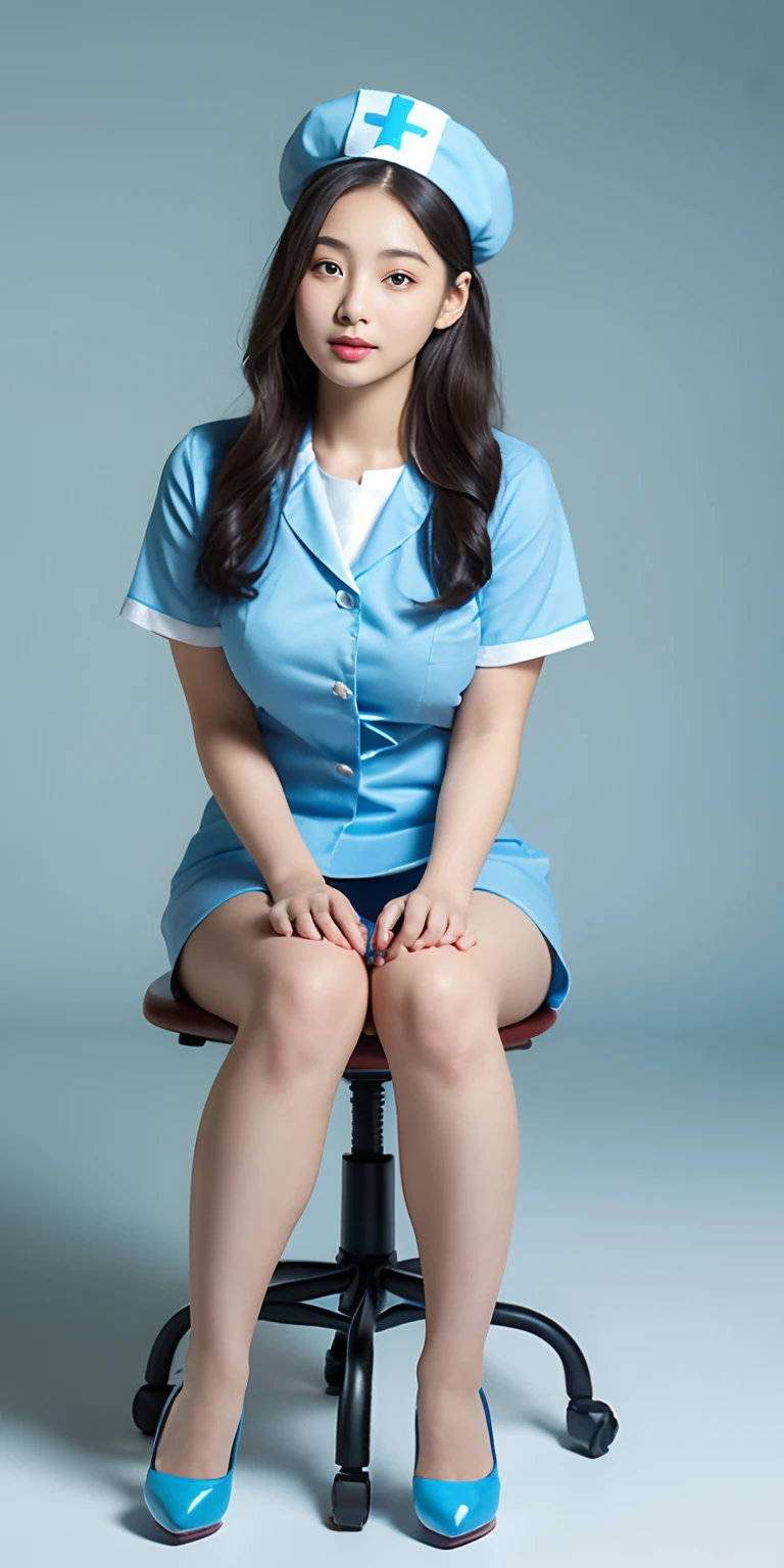 Queen style asian female face，Delicate facial features，prette，young 17 years old，Wearing a light blue nurse's uniform、gossamer、M cup，huge tit，Nice black high heels，prette ，fully body photo，sitting on a stool，Flaming red lips，Facing the camera squarely，Plain background、，Light blue nurse hat、Highly detailed and high-resolution 16K images，Her legs should be long and white