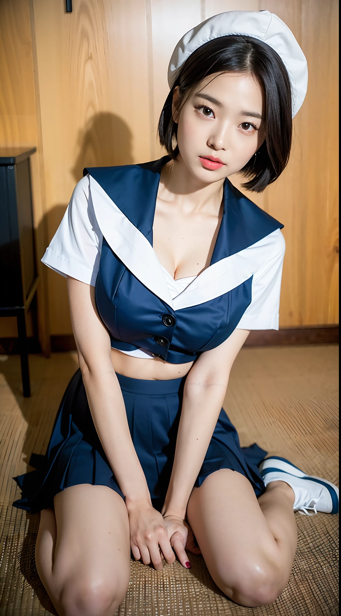(8K、RAW Photos、top-quality、​masterpiece:1.2)、(realisitic、Photorealsitic:1.37)、1人、japanes、18year old、femele、‎Classroom、natta、profetional lighting、Photon mapping、torn、Colossal tits、The tips of the knitted, which are pure white and very small in size, Cleavage of、areola protruding、The shape of the pubic area is clearly visible、gals、Lots of lashes、Lame on the eyelids、Pitch black lip、Pitch black heels、pubick hair、the lower abdomen bristles、A slender、crotch open、My are big and are about to spill out of my bra、Very much pubic hair、pubic hair is very protruding、((Tight sailor suit、Short dark blue pleated skirt))、maroon short hair、The navel is visible、Abs are visible