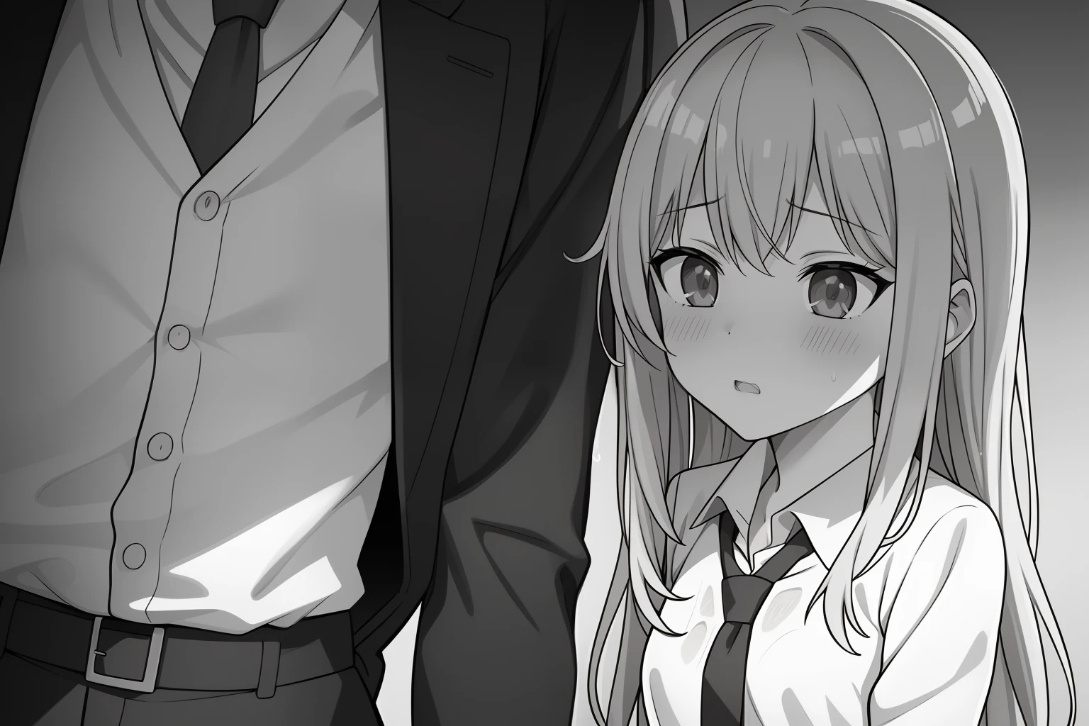1boy, 1girl, blush, ran in the rain, village, collared_shirt, couple, greyscale, hetero, long_hair, monochrome, necktie, shirt, above side viewpoint, bird viewpoint,