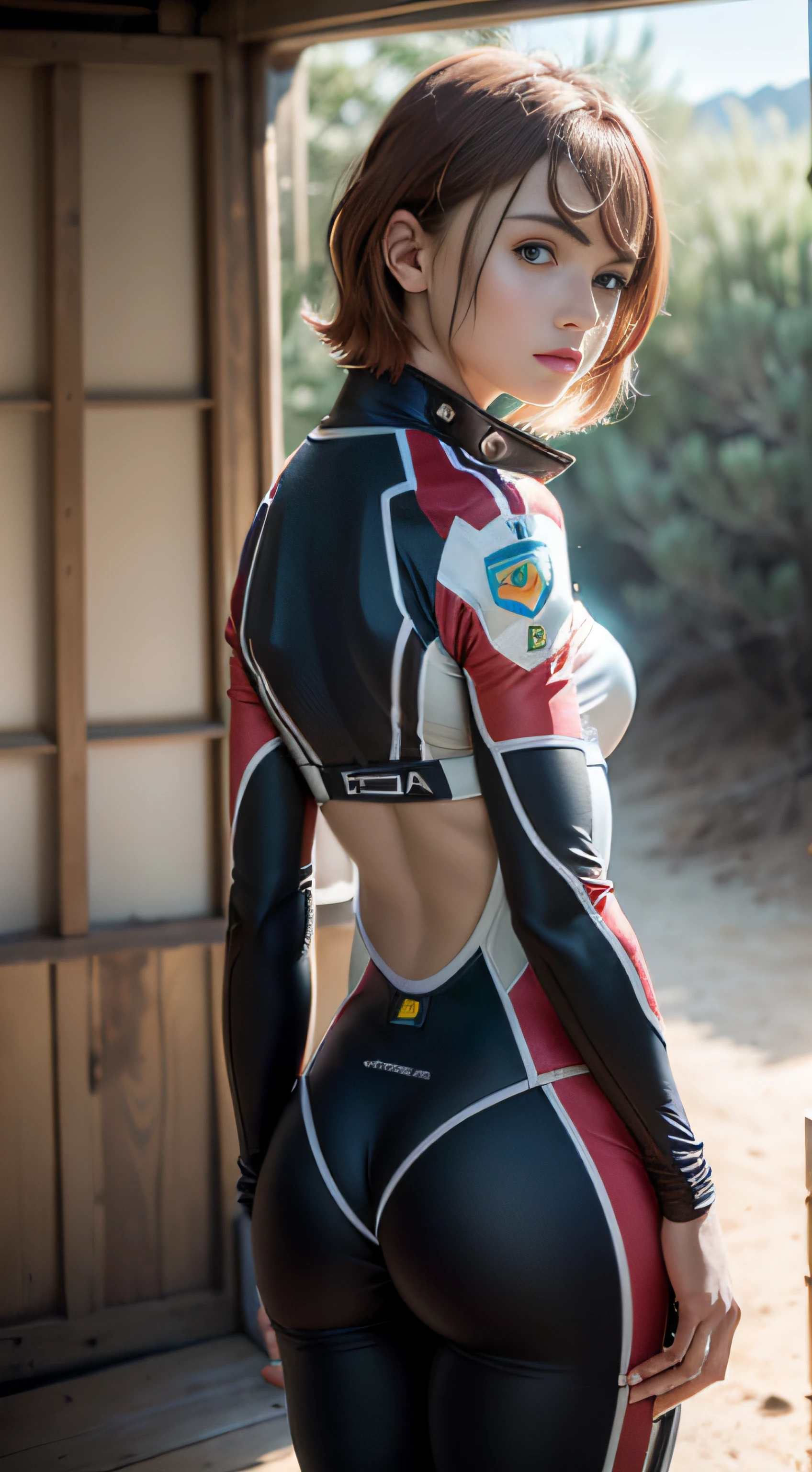 Racing suit, desert, (inspired by the Avengers), short red hair, one-piece gel pants, machine girl, safety rating, big ass, (8k, foto raw, fotorrealista: 1, 25), (muito brilho labial, muitos cílios, melhor qualidade, ultra alta resolução, profundidade de campo, Aberração cromática, luz ampla, cor natural, distant image (1:2)