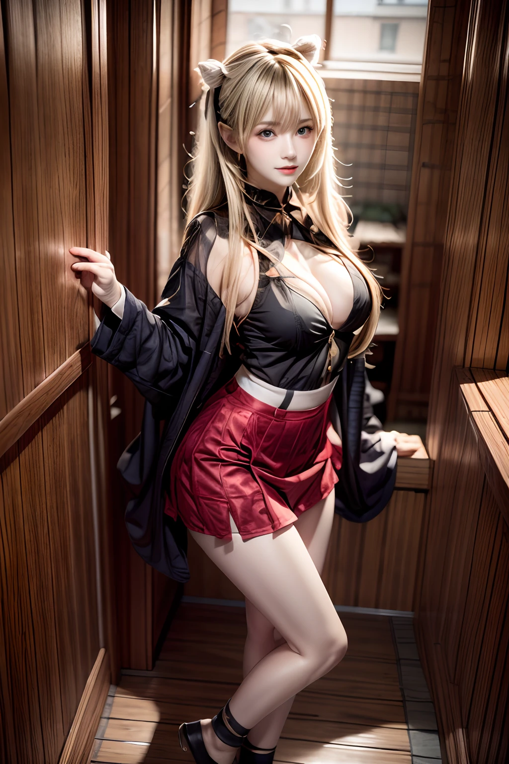 top-quality、masterpiece、超A high resolution、(Photorealsitic:1.4)、Raw foto、1 girl in、a blond、full body Esbian、large full breasts、Ultra exposed cleavage、erotick、Erotic look、gargantilha、二重まぶた、Loose and fluffy perm、semi long hair、student clothes、a miniskirt、JK Ribbon、Thin, Skinny clothes
