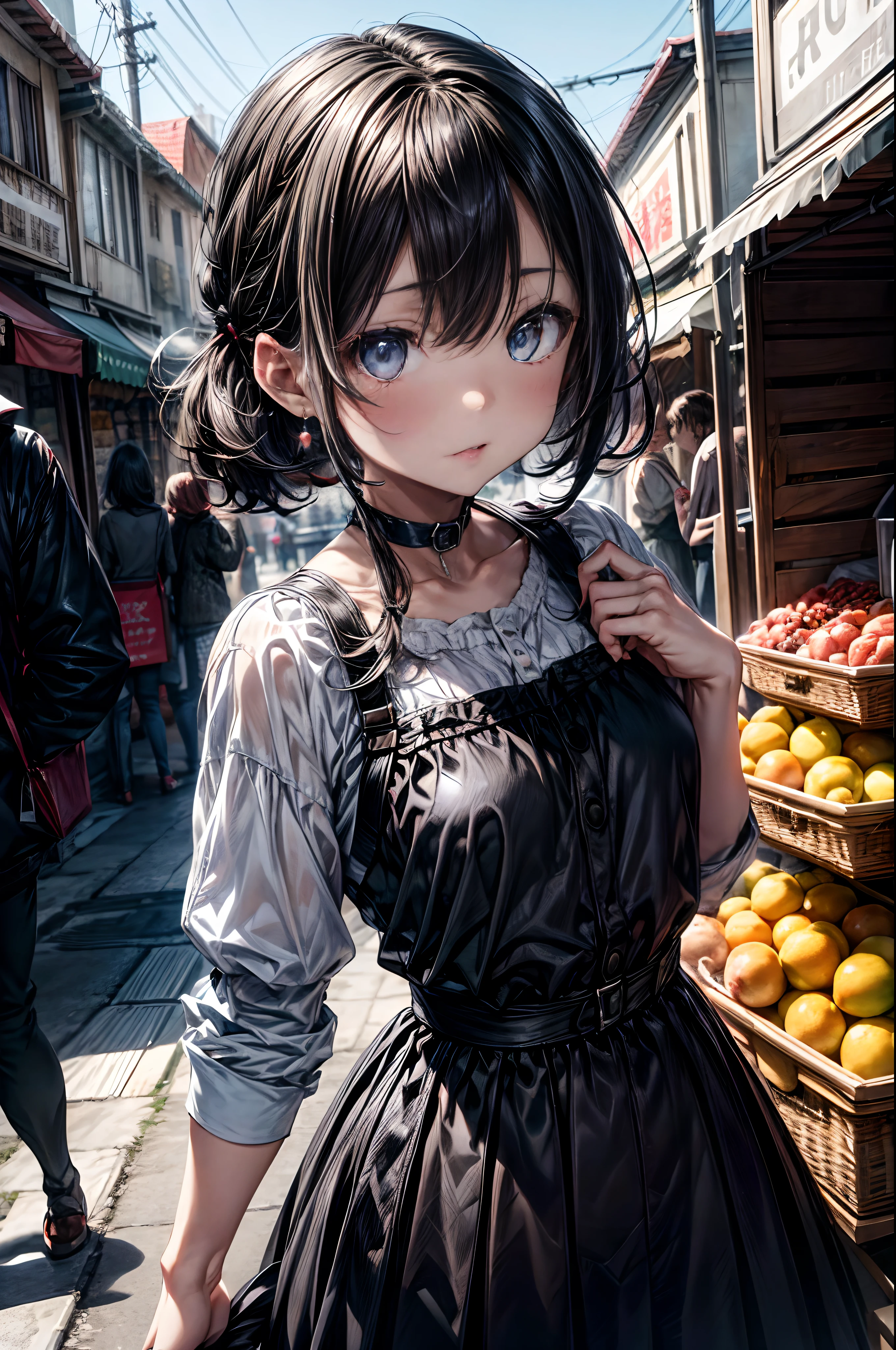 mash kyrielight, White hair, short hair, red eyes, girl, woman, female, little, child, 10 years old, medium hair, curly hair, bangs, eyes visible through hair, side braid, white and black hair, multicolored hair, red  inner color, beautiful detailed Glass hair, delicate beautiful face, red pupils, fangs, small_breasts, pale blue eyes, white skin, choker, gloves, nice hands, perfect hands, camisole, holding fruit, lemon, grapefruit, parted lips, blush, skirt, earring, holding food, bang, in fruit market, more_details:-1, more_details:0, more_details:0.5, more_details:1, more_details:1.5