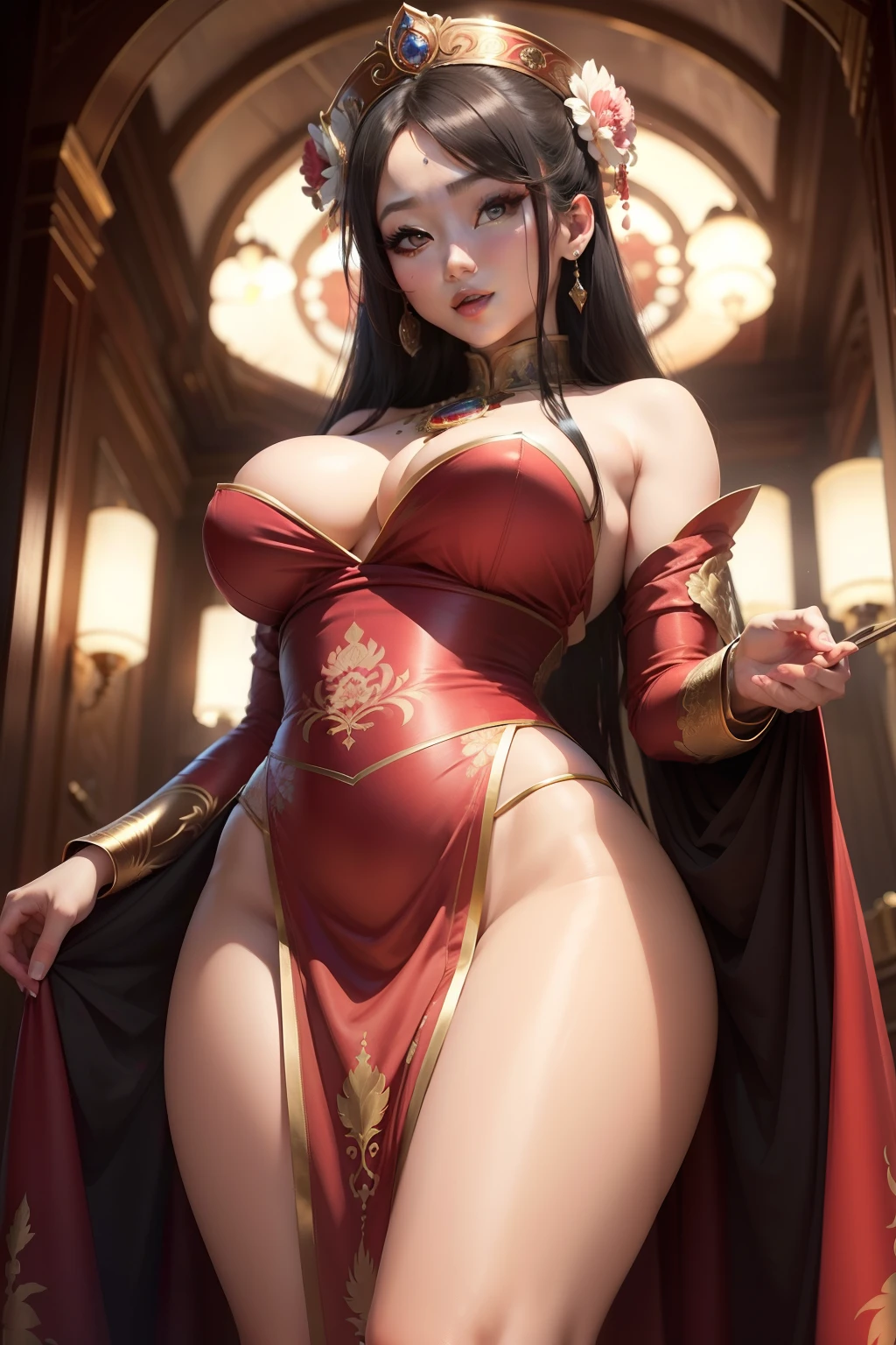 The Most Beautiful Woman, The Most Perfect Woman Ever, Asian, Perfect Picture Quality, ((from below)), Big Breasts, (Climax: 1.2), Female Emperor, (Imperial Dress), 2.5D Perfect Anime, Facial Detail Depiction, (Big Eyes: 1.1), Feminine Laugh, Sexy, (Highest Detail Depiction, Masterpiece, Extreme Depiction), NSFW