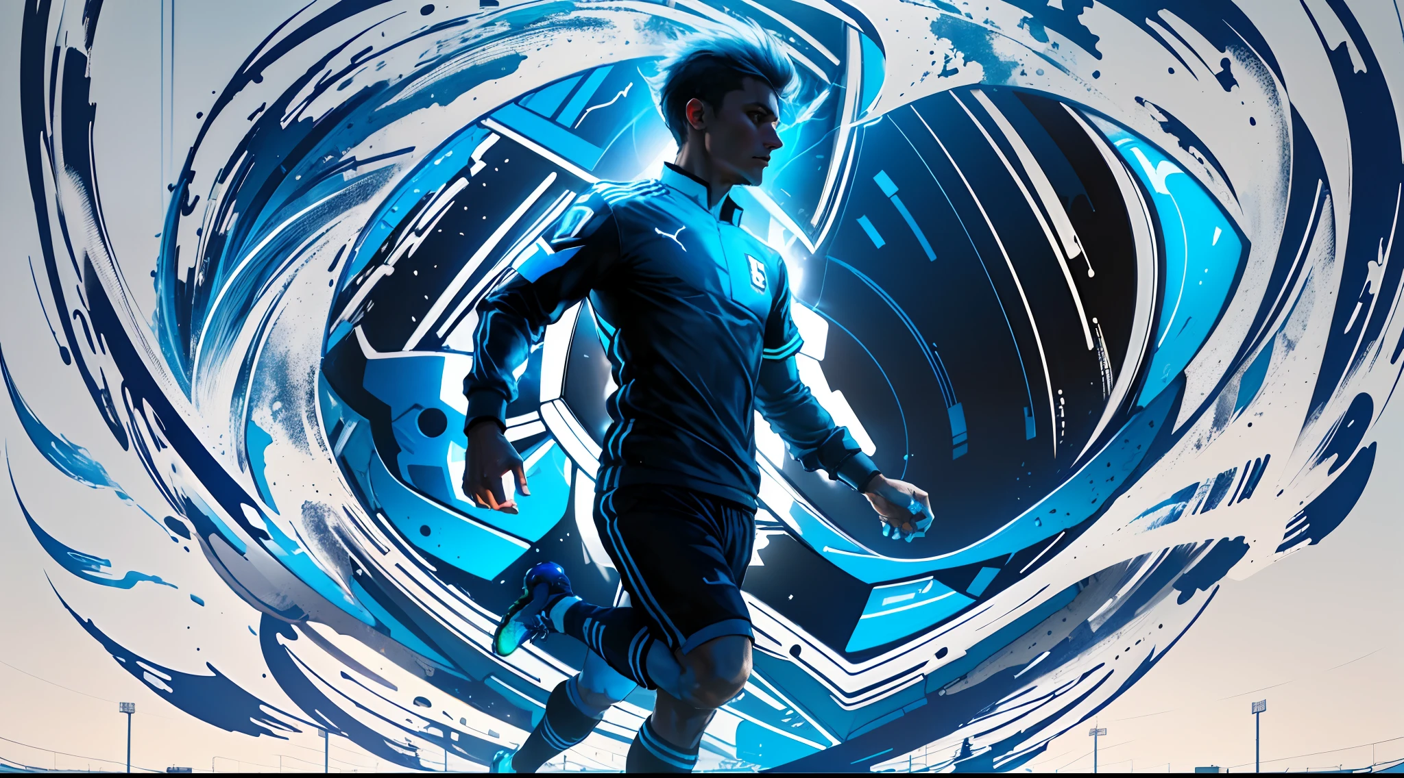 an image of a bright light on a track， in the style of darknavy and sky-blue，luminescence， frontal perspective，streamlined design，A soccer player silhouetted， kicking the ball to create a photodynamic effect， Straight to the camera
，stock photo， futuristic sleekness，8kresolution,