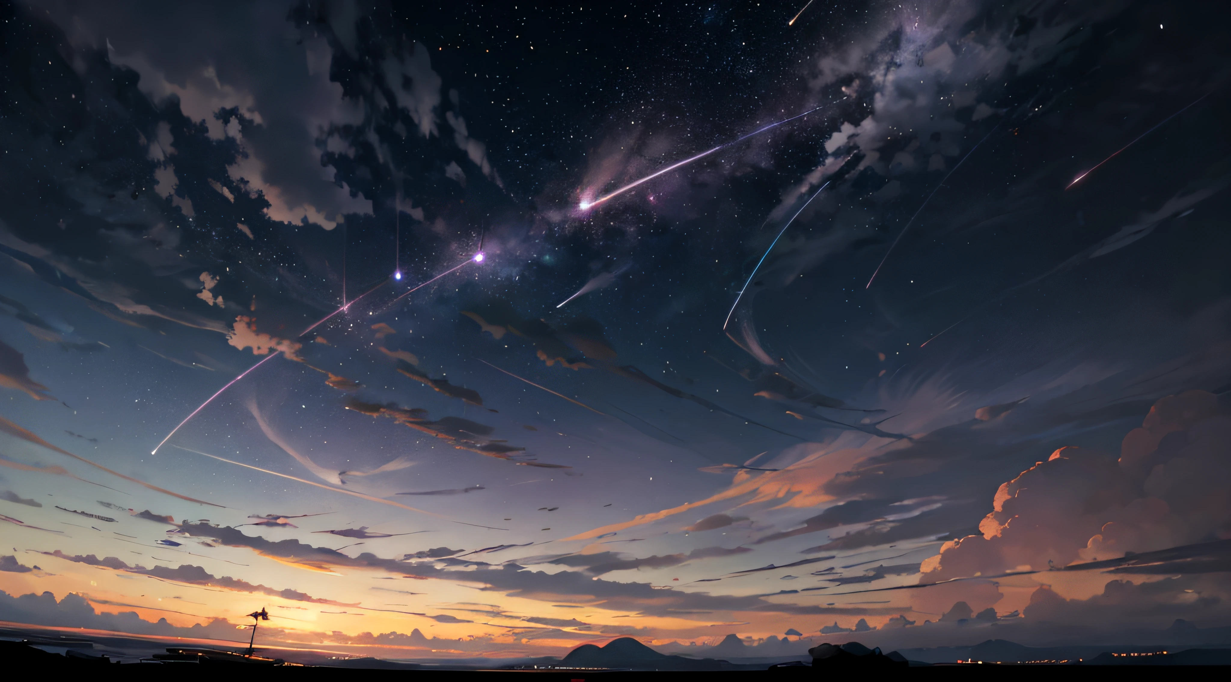 Expansive landscape photograph,(moon full:1.2),(meteors:0.9),(Starcloud:1.3),(Warm light source:1.2),(glowworm:1.2),lamp lights,Lots of purple and orange,Complicated details,Volumetriclighting,Realism BREAK(tmasterpiece:1.2),(best qualtiy),8K,Ultra-detailed,(dynamic compositions:1.4),The is very detailed,Colorful details,(Irridescent color:1.2),(luminouslighting,Atmospheric lighting),dream magical,magical,(独奏:1.2),((best qualtiy)), ((tmasterpiece)), (the detail:1.4),depth of fields,maximum definition and sharpness,perfectly proportions,Fluttering clouds,Wallpapers