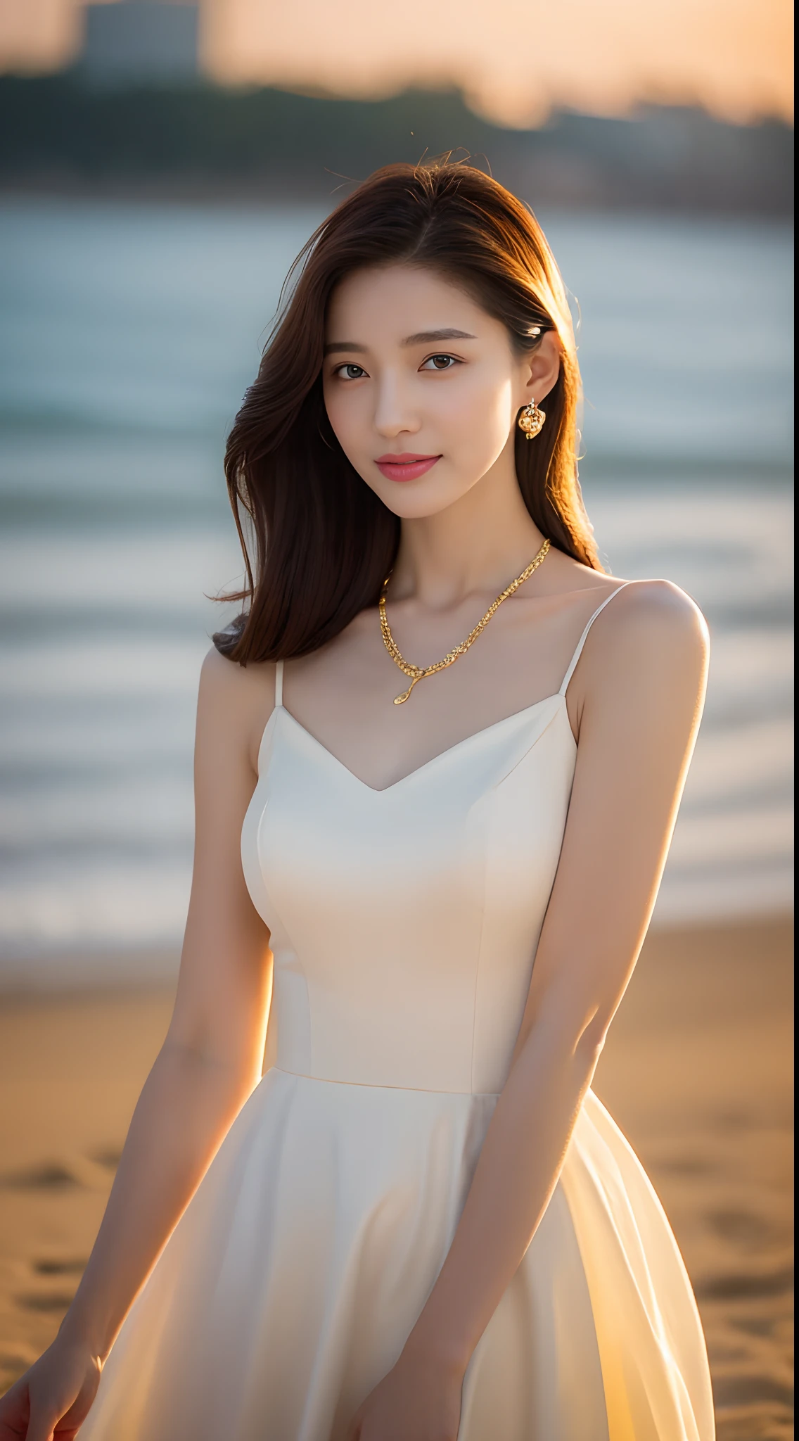 The beautiful face of this beauty，Sharply defined，Delicate facial features，Bright eyes，The slender eyebrows curved upwards，The bridge of the nose is erected，The lips are red and the teeth are white，The appearance is outstanding。Her hair is long and smooth，Black and shiny as silk，Falls to the waist，It exudes a faint fragrance。She is tall and well-proportioned，Curvy，The slender legs and slim waist exude an alluring beauty，Wear a dress of random colors，The temperament is elegant and noble，Gentle manners，People are involuntarily attracted to her，Confident and gentle smile，Let people feel the beauty and warmth in her heart， A high resolution：1.3）， Super fine face and eyes，Wearing necklaces and earrings，Hit in a random pose，at the sunset，The golden sand on the beach and the colorful sky mingle，A beautiful view reflected in the sea，strong rimlight, middlebreast：1.3，Anatomically normal，Glow particle effect，