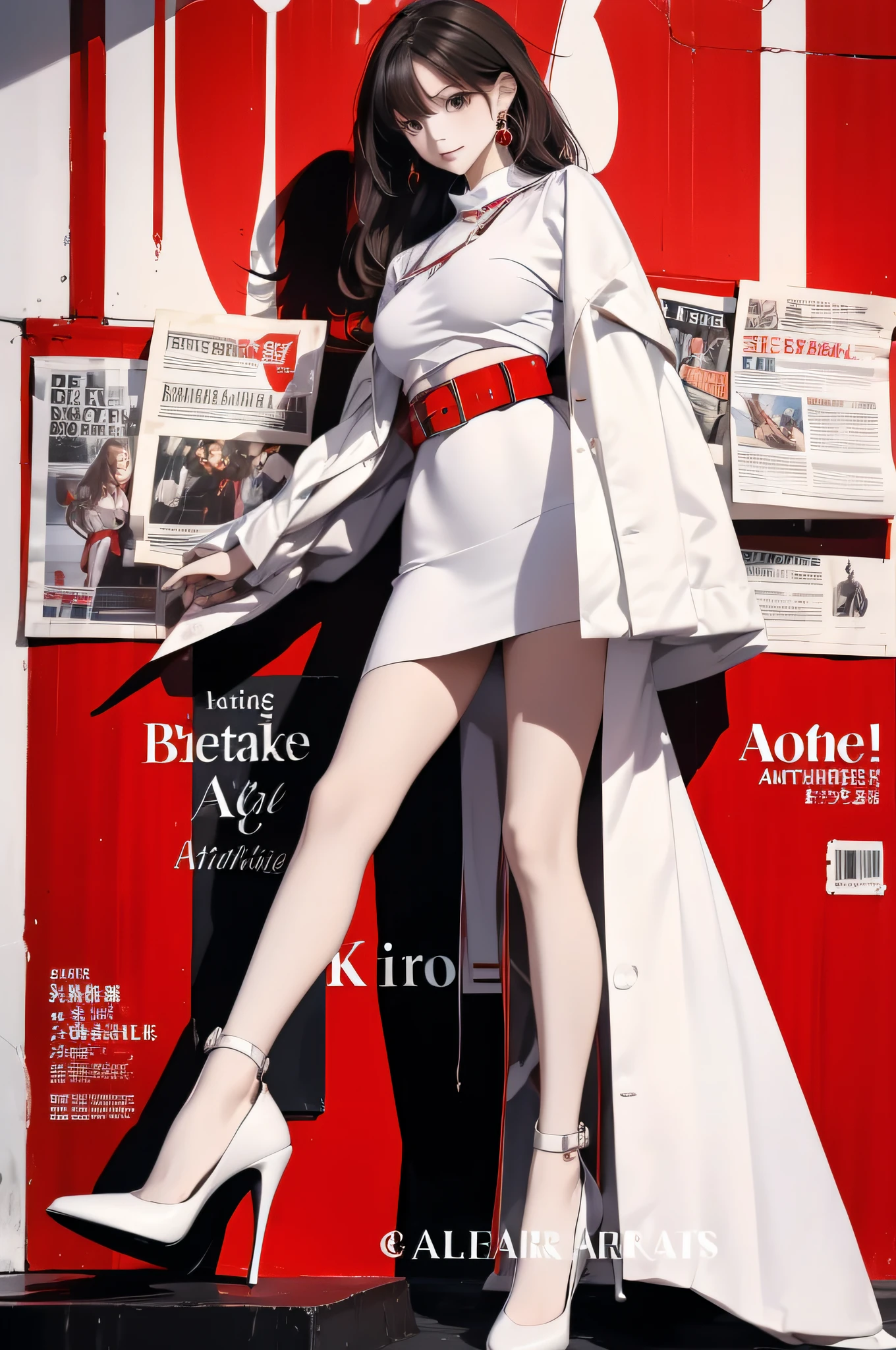 a woman, model pose, white blouse, black pencil skirt, red high heel, full body shot, magazine cover page