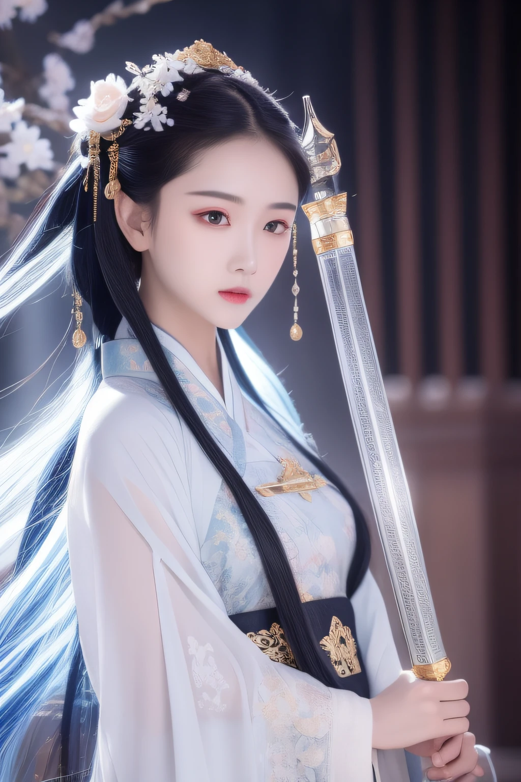 one sword,Sparkling all around , In the style of Yanjuncheng , Ethereal , dreamlike quality , hyper - realistic , light white and light blue , dragoncore , Emphasize facial expressions , realistic yet romantic