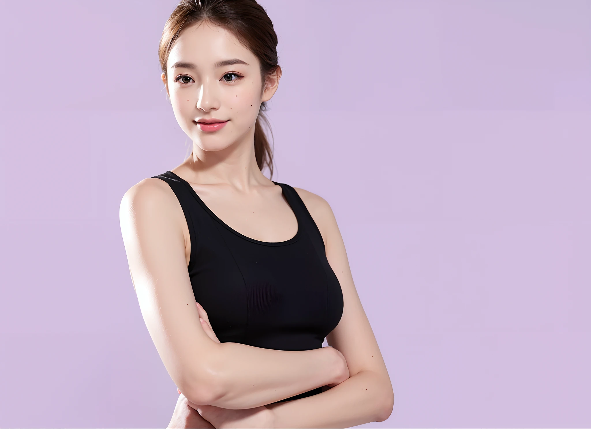 ((masterpiece, top quality, high definition)), one girl, (photorealistic: 1.4), solo, white background, snow-white background, ((from above, slightly above, looking up at the viewer, looking up, looking up at the camera, staring at the camera)), mouth closed, happy smile, happy smile, happy smile, pretty black hair, short hair, big eyes, clear double eyelids, eyelashes, ears out, long neck, long neck, absolute area, (draw all head, shoulders), 19 years old, attractive proportions, shiny skin, clean collarbone, face in golden proportions, perfect face, tearful mole, mole on chest, bangs, clean bangs, lip gloss, thin lips, fair skin, naked, big breasts, small face, small face, draw all head, draw all shoulders,