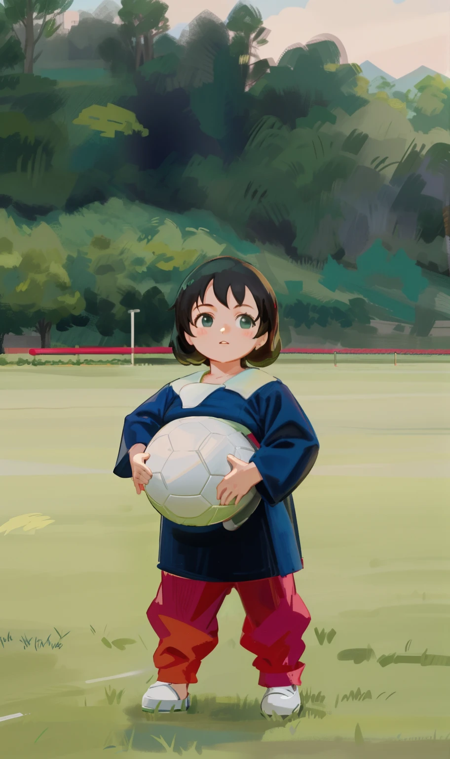 There was a holding a football in the field, holding a ball, play soccer, Four years rk in the background, Holding a football, 2 years old, chiho, kiddy bs, with a park in the back ground, childhood friend, about 3 5 years old, at park, Chiho ashima, ld