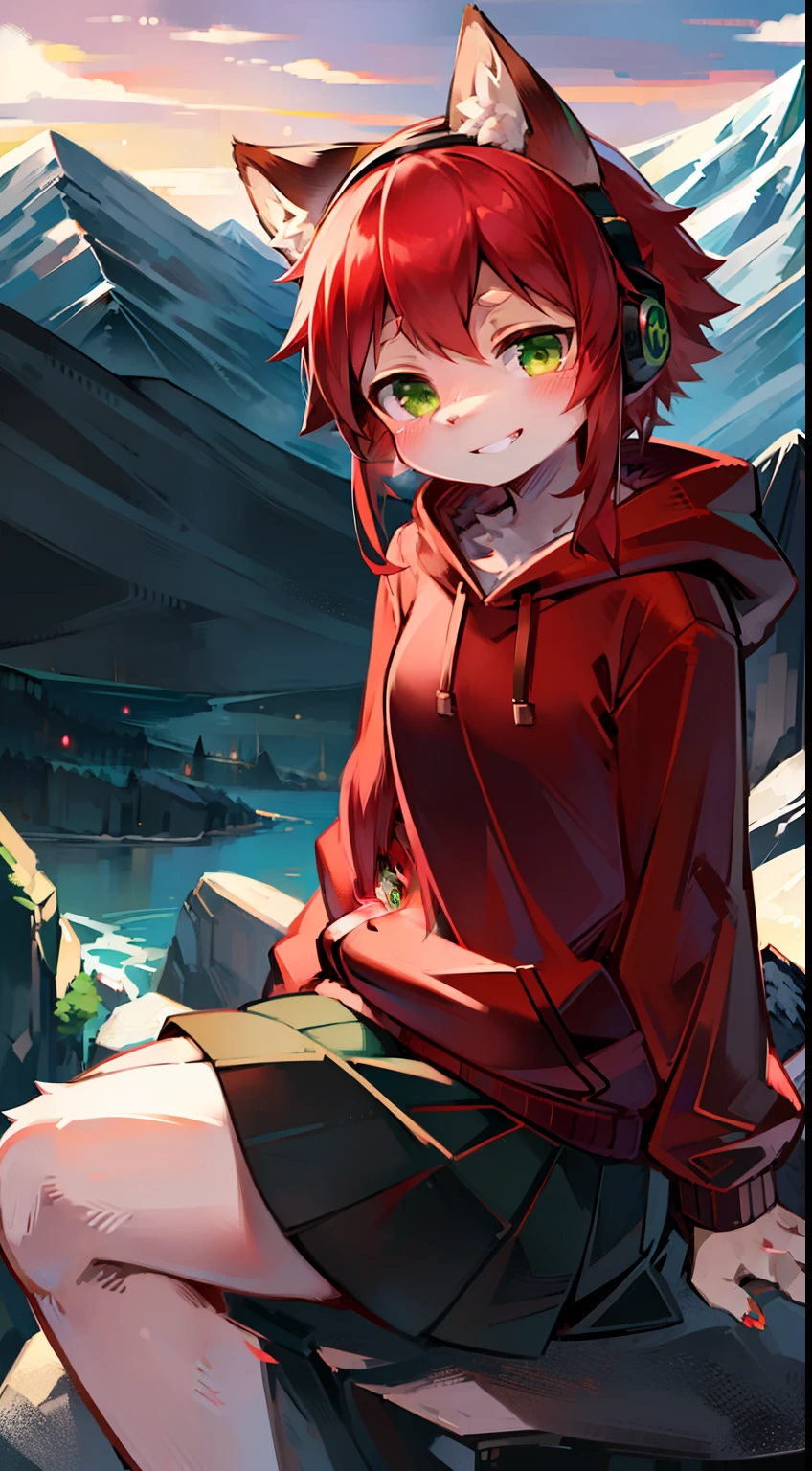 solo, kemono, female, red hair, green eyes, wear red and green hoodie, wear black skirt, wear green headphones on head, wear red bow on head, blushes, look at camera, smile with teeth, sitting on rocks, mountain and city background, noon time