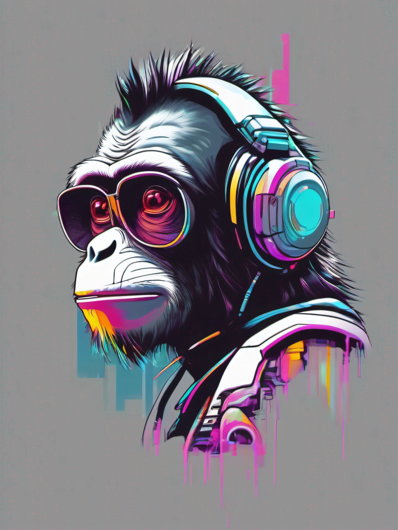 A futuristic monkey figure, with lights in eyes, surrounded by vibraprint ready vector t-shirt design, cyberpunk monkey illustration, side view, sticker, clean white background, professional vector, high detail, t-shirt design, graffiti, vibrant nt futuristic cityscape.A futuristic monkey figure, with lights in eyes, surrounded by vibraprint ready vector t-shirt design, cyberpunk monkey illustration, side view, sticker, clean white background, professional vector, high detail, t-shirt design, graffiti, vibrant nt futuristic cityscape.