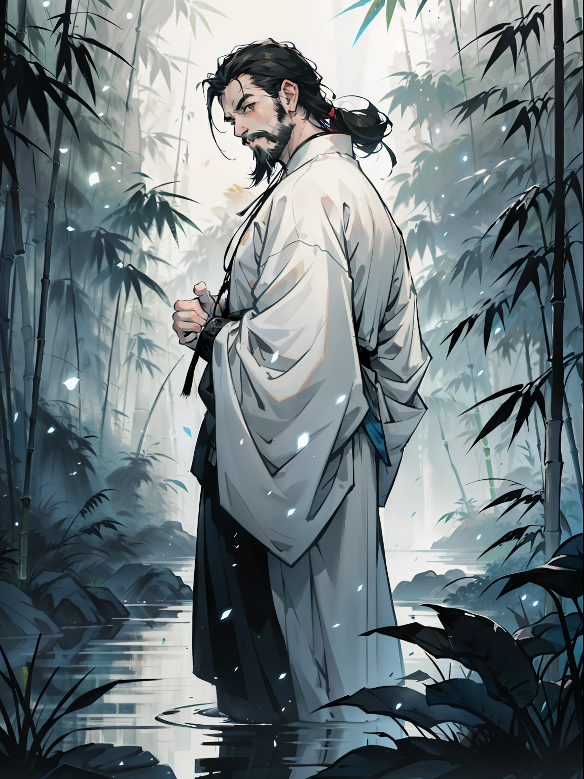 Deep in the bamboo forest, Chinese Ancient Times,raining day, A middle-aged male, 50yearsold, With a beard,emaciated,dressed white hanfu, Standing in a bamboo forest, A hand touched his beard,Place one hand behind your back,look up to,Quiet, Cinematic lighting, in a panoramic view, Masterpiece, ccurate, Super detail, Award-Awarded, Best quality