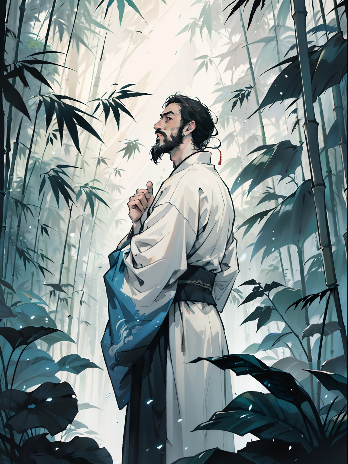 Deep in the bamboo forest, Chinese Ancient Times,raining day, A middle-aged male, 50yearsold, With a beard,emaciated,dressed white hanfu, Standing in a bamboo forest, A hand touched his beard,Place one hand behind your back,look up to,Quiet, Cinematic lighting, in a panoramic view, Masterpiece, ccurate, Super detail, Award-Awarded, Best quality