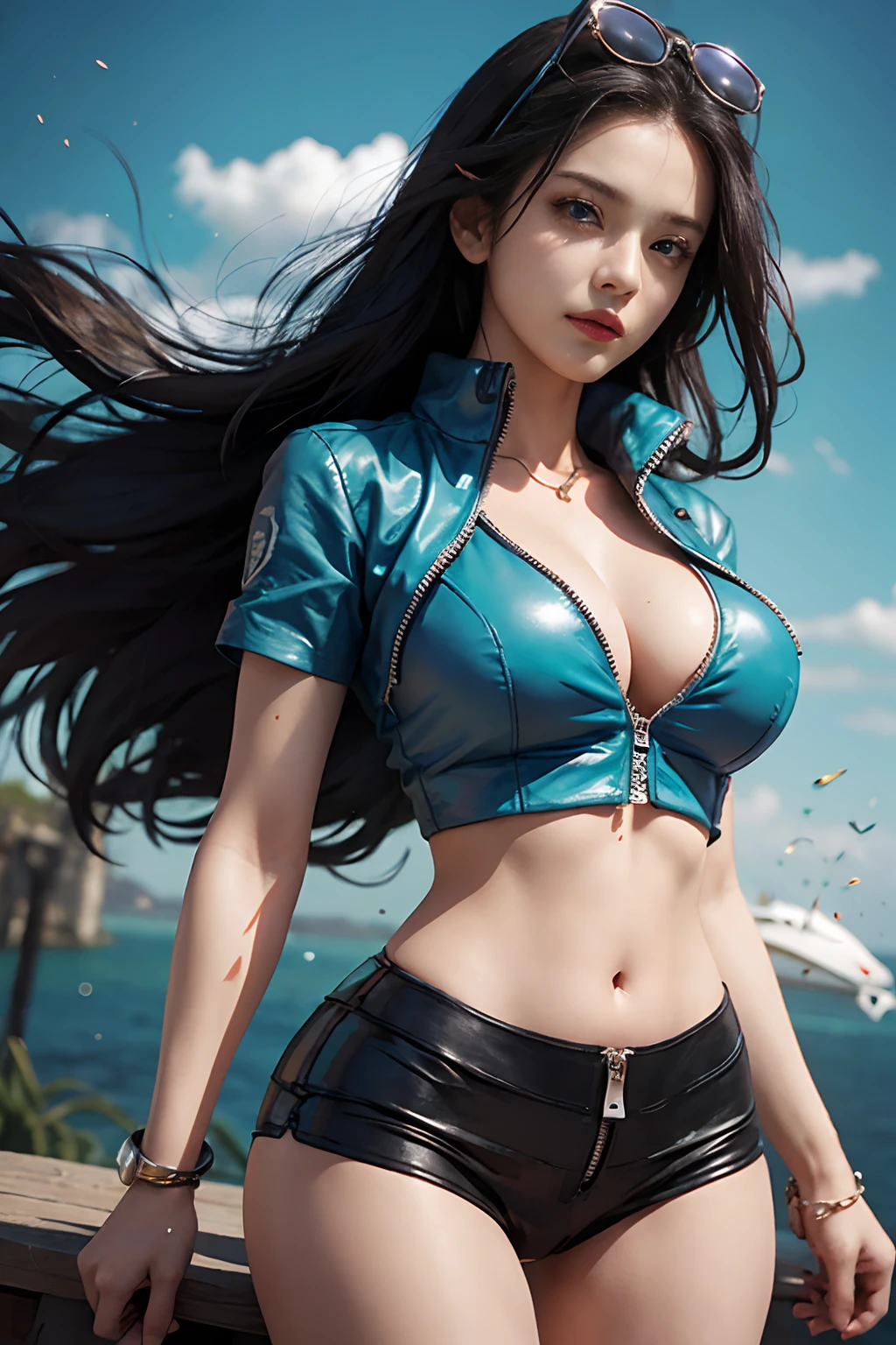 (((masutepiece+Best Quality+High resolution+Ultra-detailed))), Nico Robin\(One piece\), long silky black hair, High Nose, Sharp eyes, noble and inviolable temperament, (([Female]: 1.2 + [Beauty]: 1.2 + Black Long Hair: 1.2)), egypt scriptures background, (One piece), collared jacket, croptop, Midriff, Navel, sarong, Short sleeves, eyewear on head, zippers, partially unzipped, Cowboy Shot, aqua eyes, dynamic angle and posture.