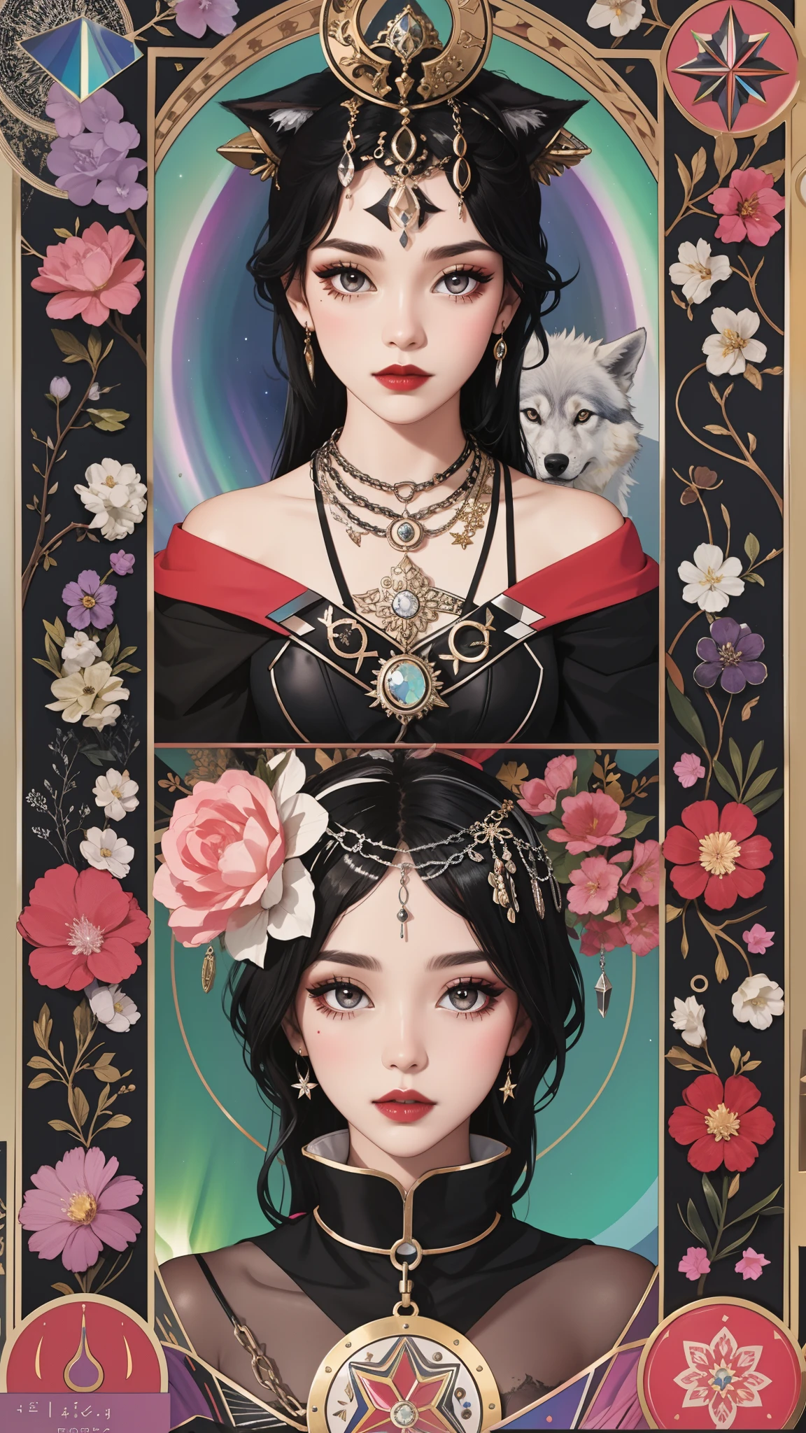 Model: long wavy black hair, full dark lips, Smoky eyes, BREAK, Setting: Room with black color, Broken glass,multicolored neon crystals, BREAK, bodypaint: Polychromatic geometric patterns, Torso cover, Arms and legs, BREAK, Accessories: Chrome-plated chains with torn body, Silver Choker, black feathered white black wings, Naked, Topless, naked body,BREAK, the pose: on a bed, looking forward, truth, Magic, Magic, wolf ears, Wolf, up close, northern lights, spectrum
