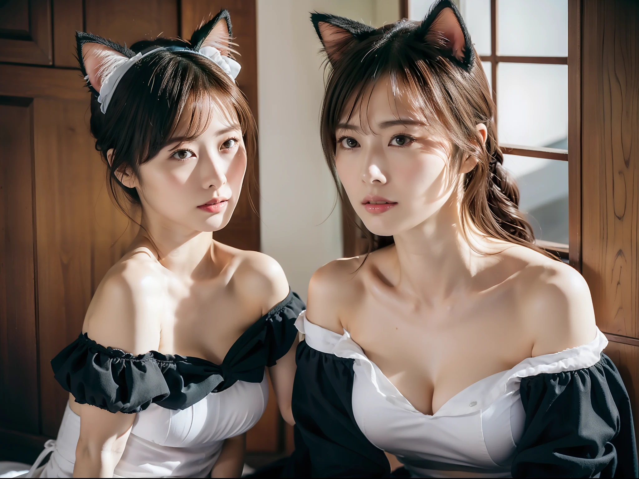 cat ear，The maid creeps up to provoke the audience，Seductive eye details，cropped shoulders，huge tit，Fair and delicate skin，outside