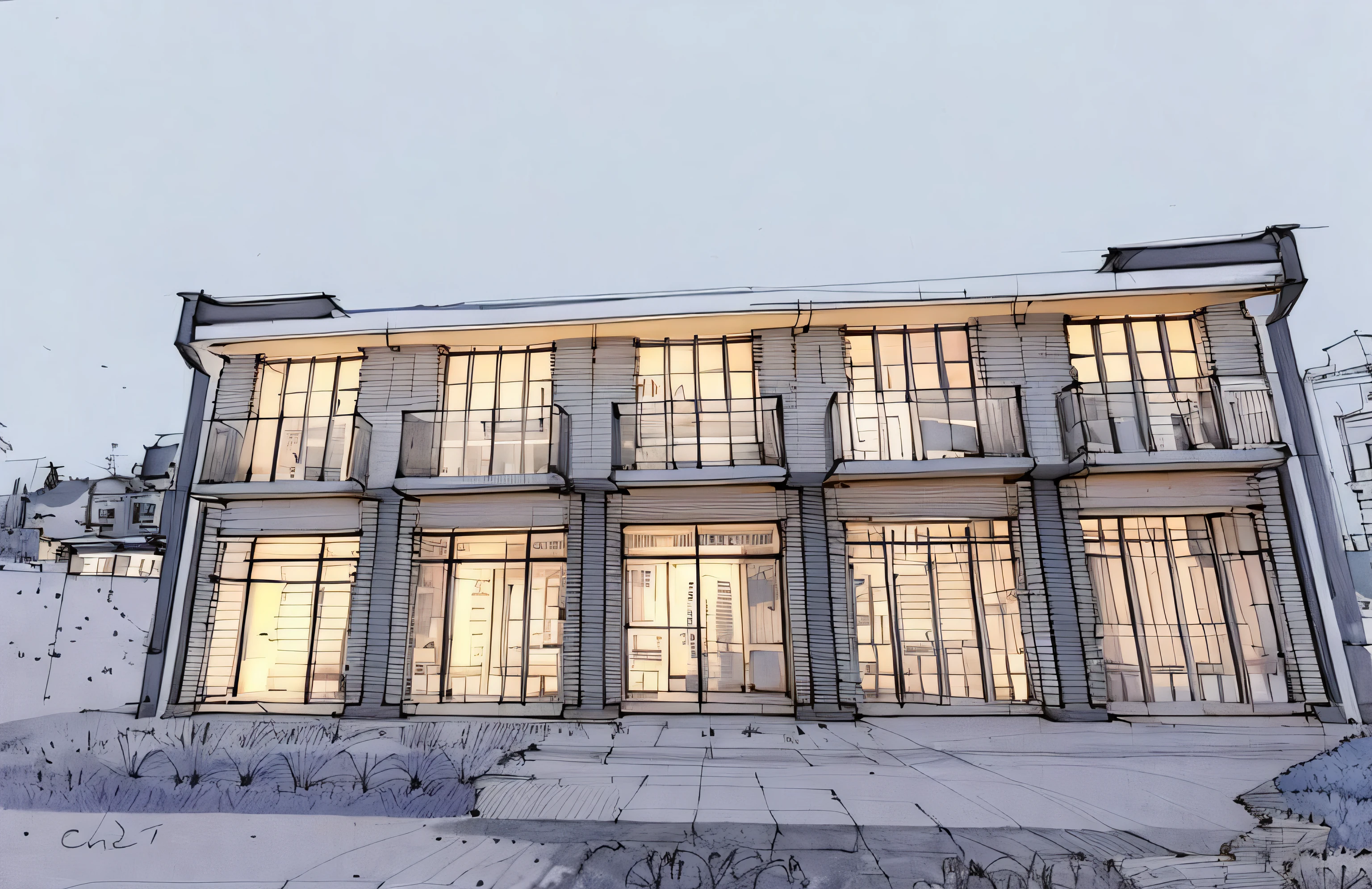 Sketch, Sketch,pen_Sketch_Style,Detailed details,white backgrounid,simplebackground,Architectural sketch style,glass、Brick building façade,Rectangular building exterior,Low plant landscape,high definition resolution