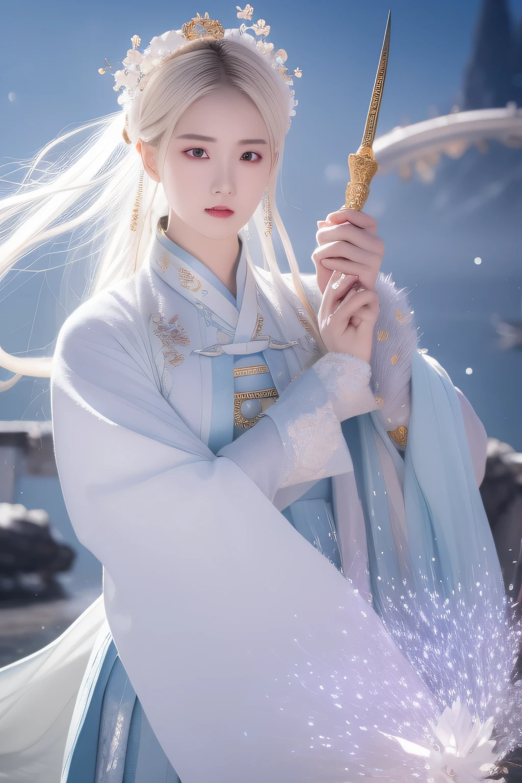 one sword，Sparkling all around , In the style of Yanjuncheng , Ethereal , dreamlike quality , hyper - realistic , light white and light blue , dragoncore , Emphasize facial expressions , realistic yet romantic