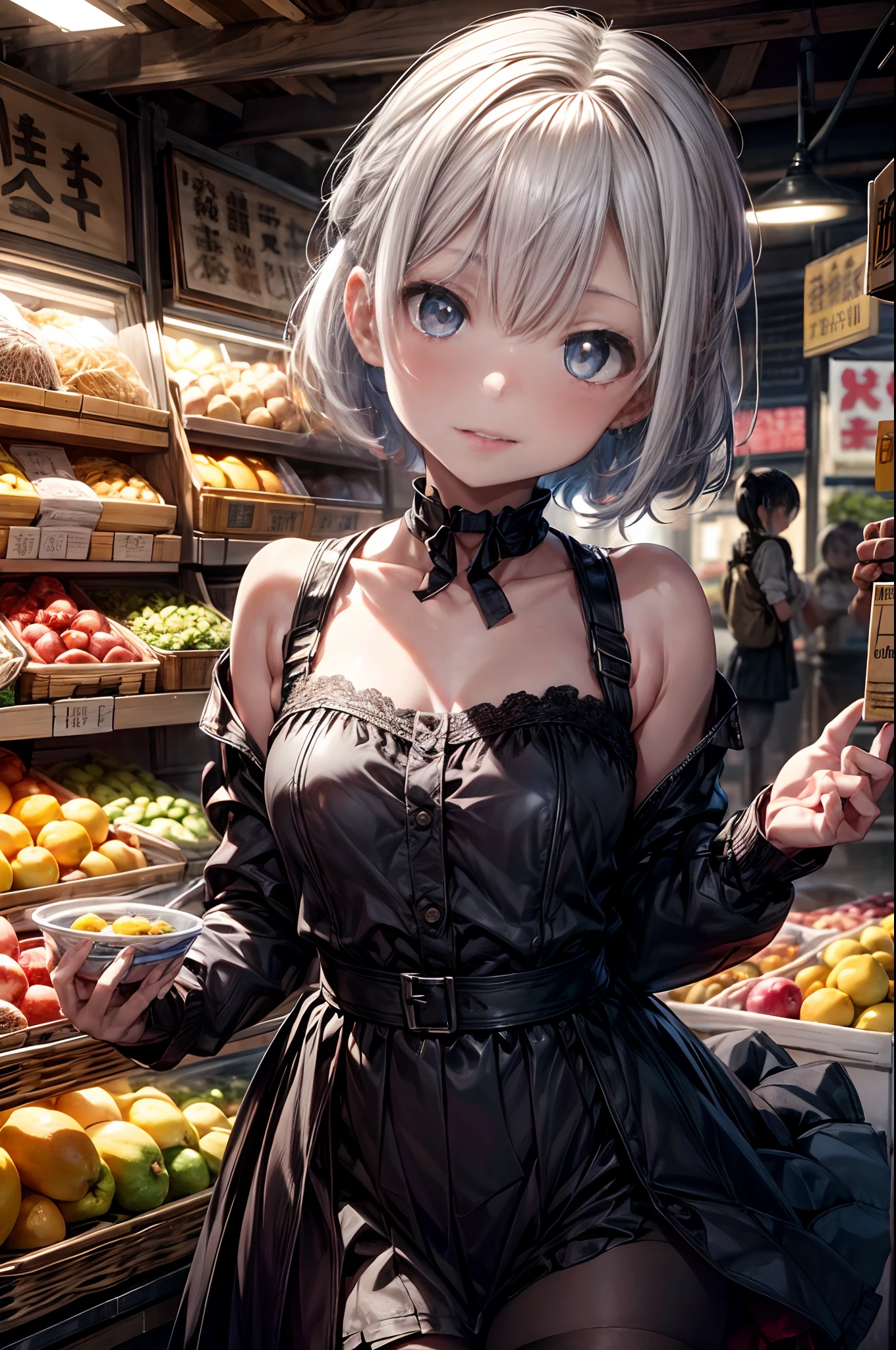 mash kyrielight, White hair, short hair, red eyes, girl, woman, female, , child,ears olir, curly hair, bangs, eyes visible through hair, side braid, white and black hair, multicolored hair, red inner color, beautiful detailed Glass hair, delicate beautiful face, red pupils, fangs, small_breasts, pale blue eyes, white skin, choker, gloves, (nice hands), (perfect hands), camisole, holding fruit, lemon, (grapefruit), parted lips, blush, skirt, earring, holding food, bang, in fruit market, more_details:-1, more_details:0, more_details:0.5, more_details:1, more_details:1.5